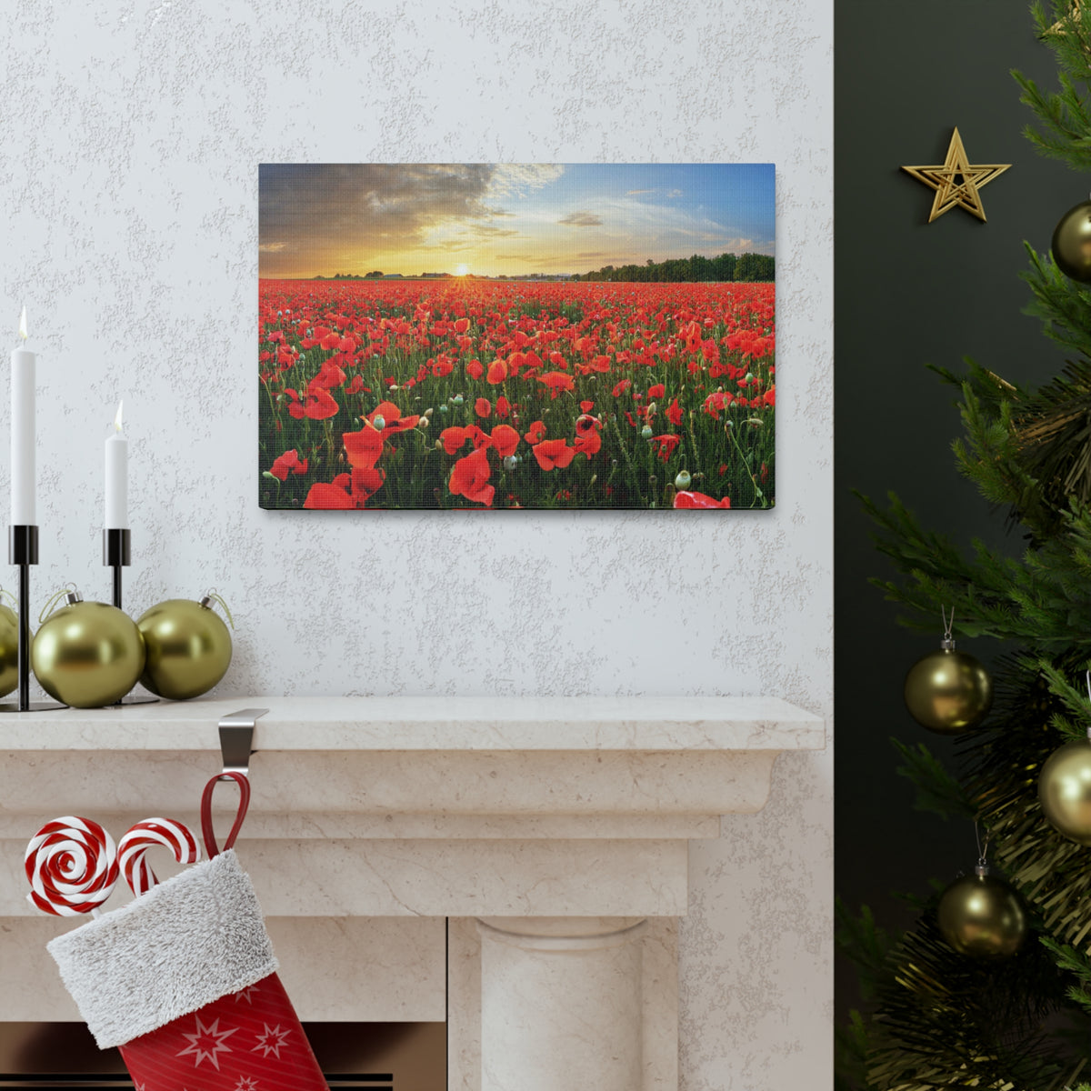 Sunset Over Poppy Field Flower Canvas Wall Art for Home Decor Ready-to-Hang-Express Your Love Gifts