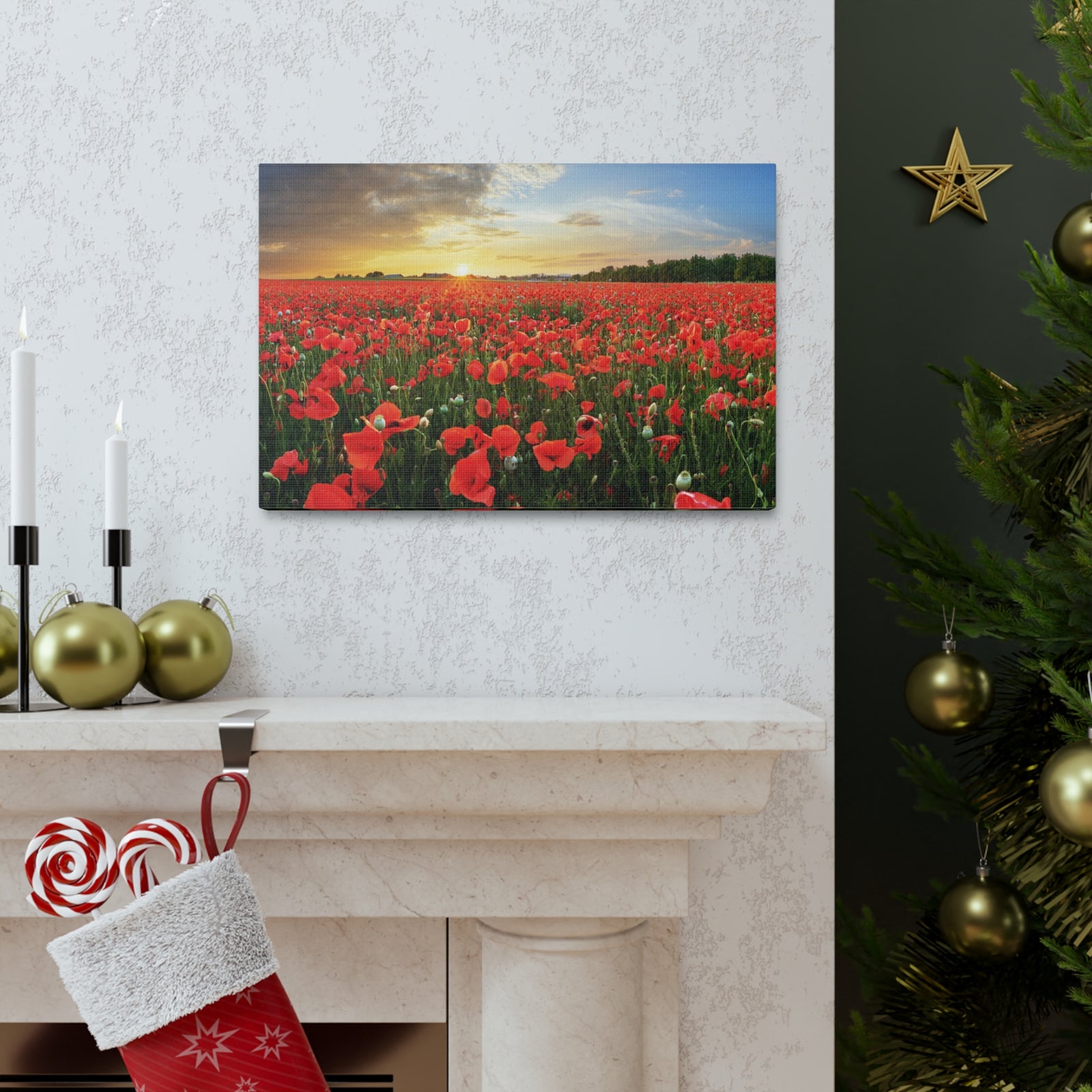 Sunset Over Poppy Field Flower Canvas Wall Art for Home Decor Ready-to-Hang-Express Your Love Gifts