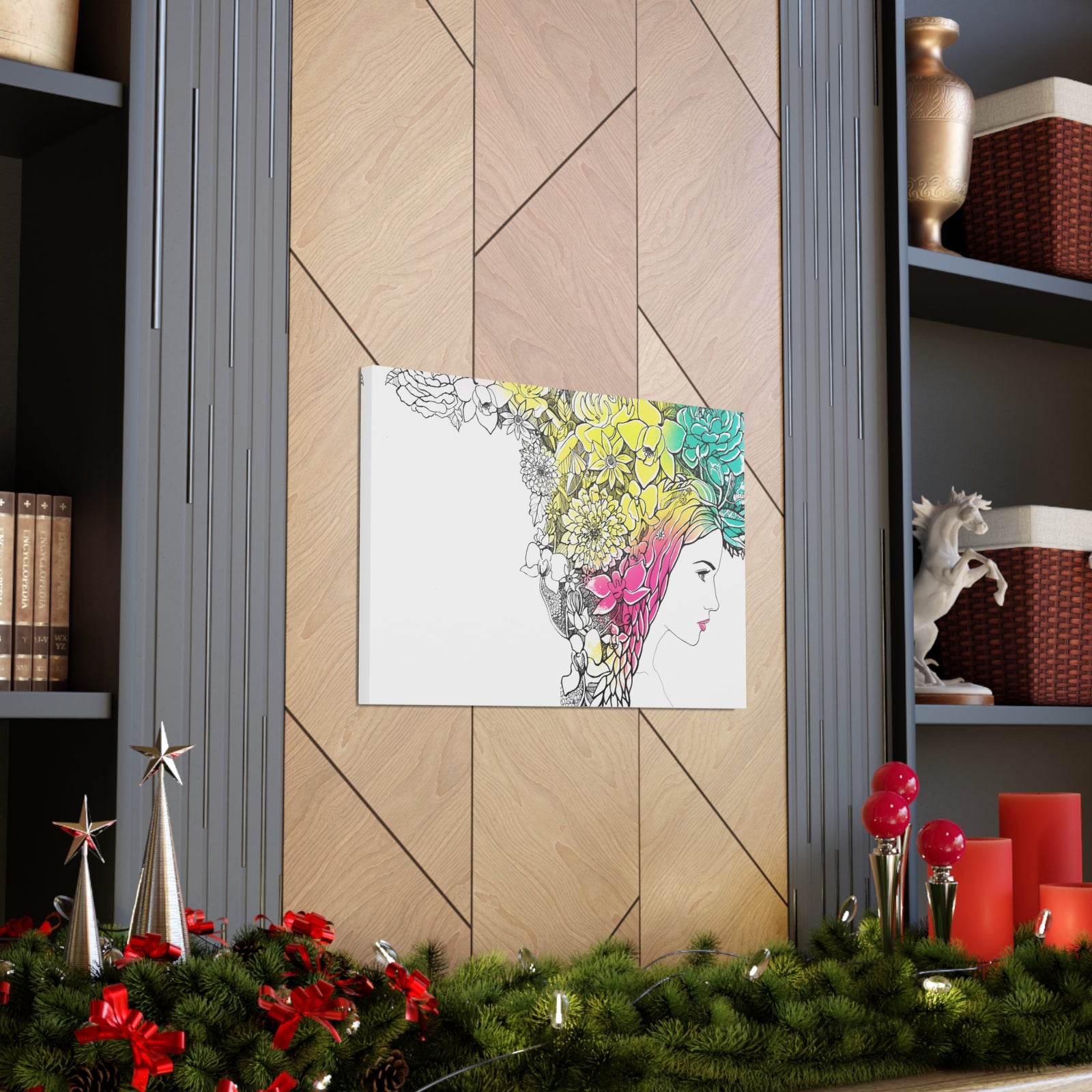 Young Girl With Hair Made Of Flowers And Leaves Flower Canvas Wall Art for Home Decor Ready-to-Hang-Express Your Love Gifts