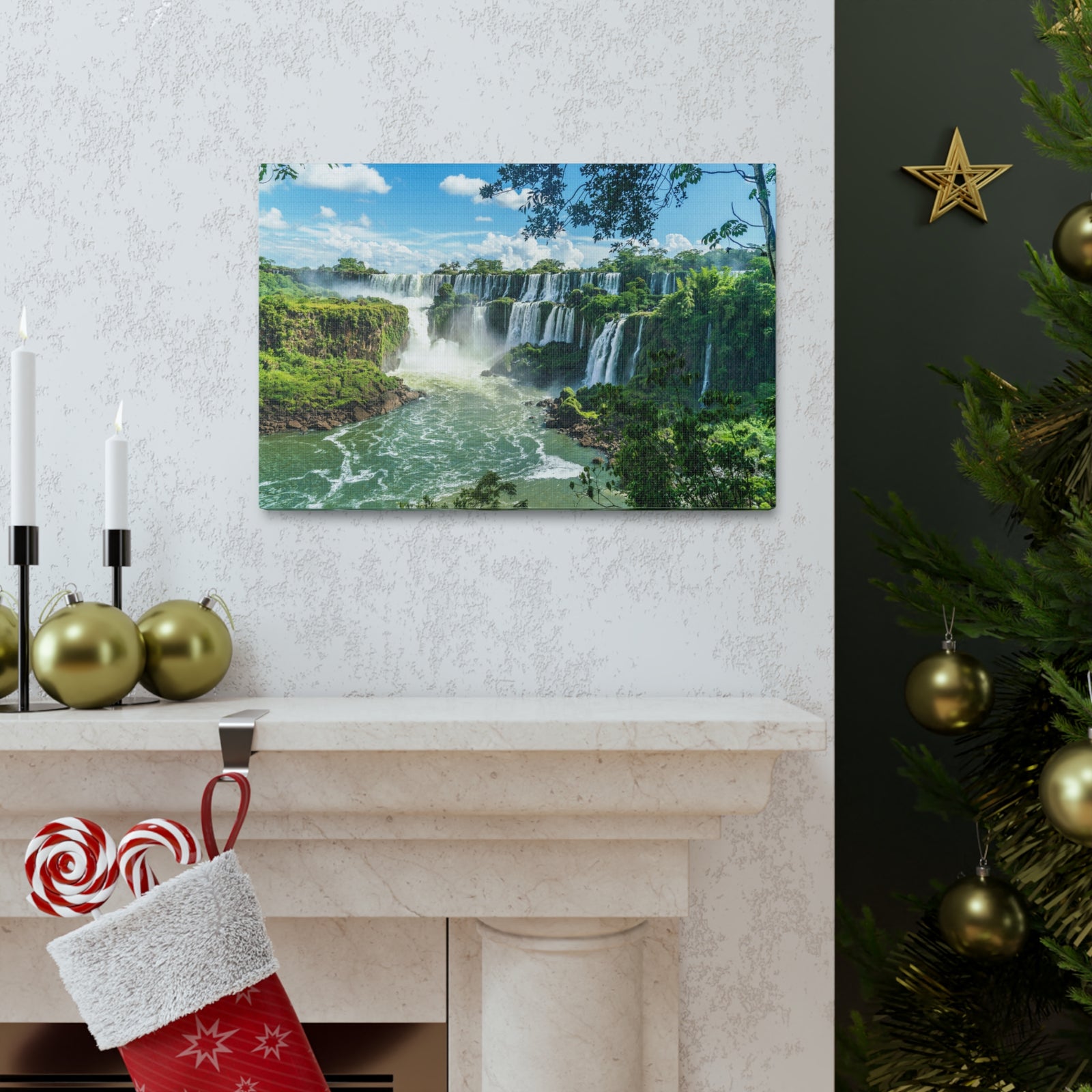 Green Jungle Cascading Waterfall Nature Wilderness Photography Canvas Wall Art for Home Decor Ready-to-Hang-Express Your Love Gifts