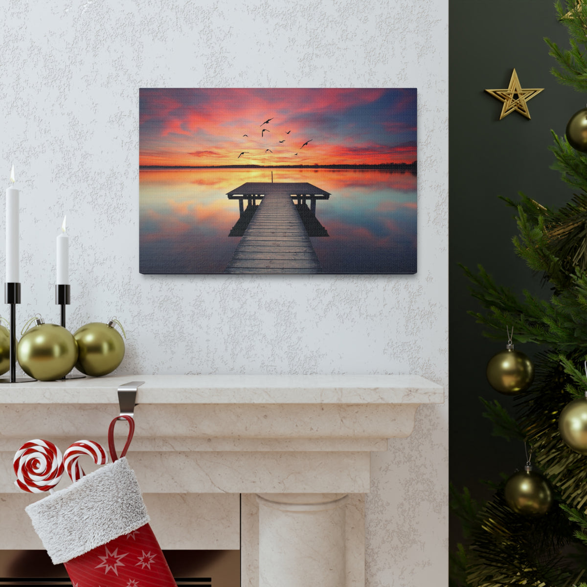 Wooden Bridge Lake View Dawn Nature Wilderness Photography Canvas Wall Art for Home Decor Ready-to-Hang-Express Your Love Gifts