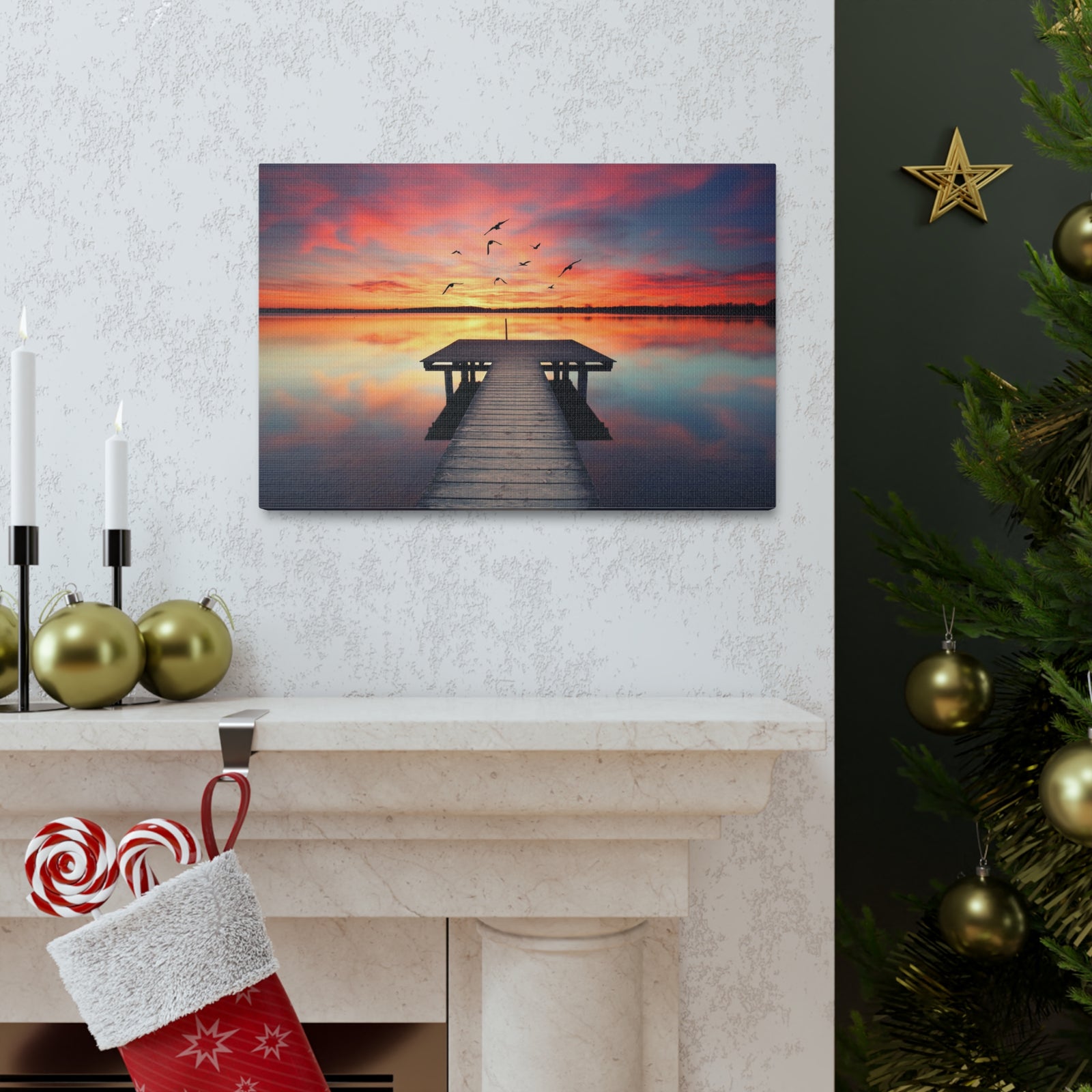 Wooden Bridge Lake View Dawn Nature Wilderness Photography Canvas Wall Art for Home Decor Ready-to-Hang-Express Your Love Gifts