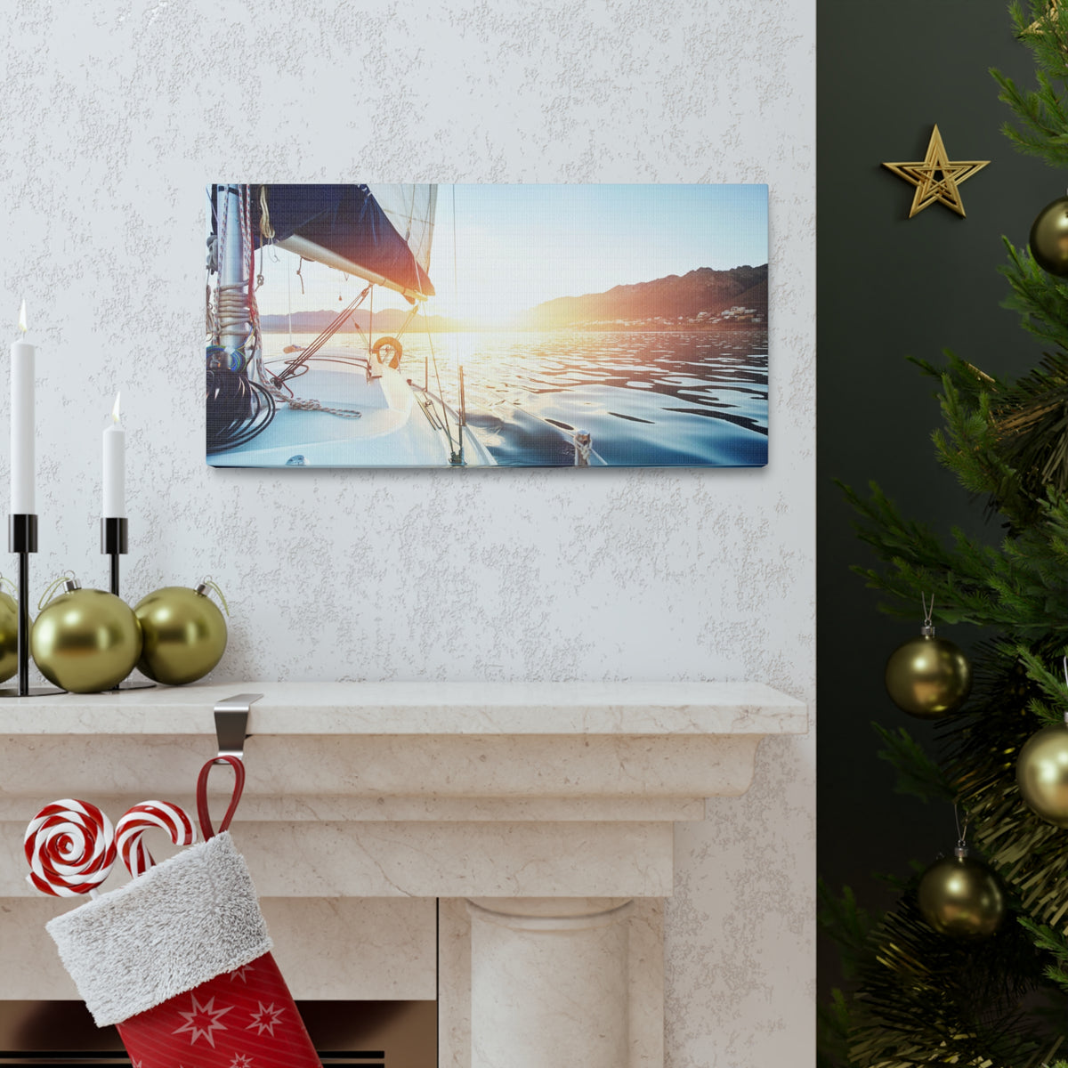 Sailing Yacht Boat On ocean At Sunset Ocean Canvas Wall Art for Home Decor Ready-to-Hang-Express Your Love Gifts