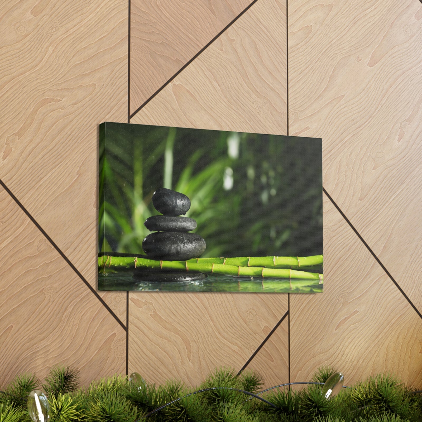 Stacked Stones on Bamboo Forest Floral Nature Photography Canvas Wall Art for Home Decor Ready-to-Hang-Express Your Love Gifts