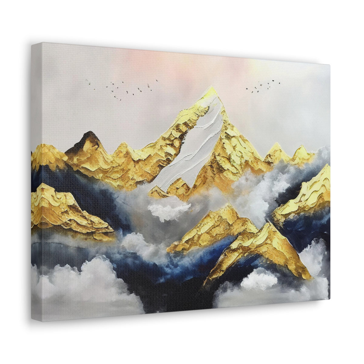 Mountaintop Landscape Birds Flying White Gold and Blue Painting Canvas Wall Art for Home Decor Ready-to-Hang-Express Your Love Gifts