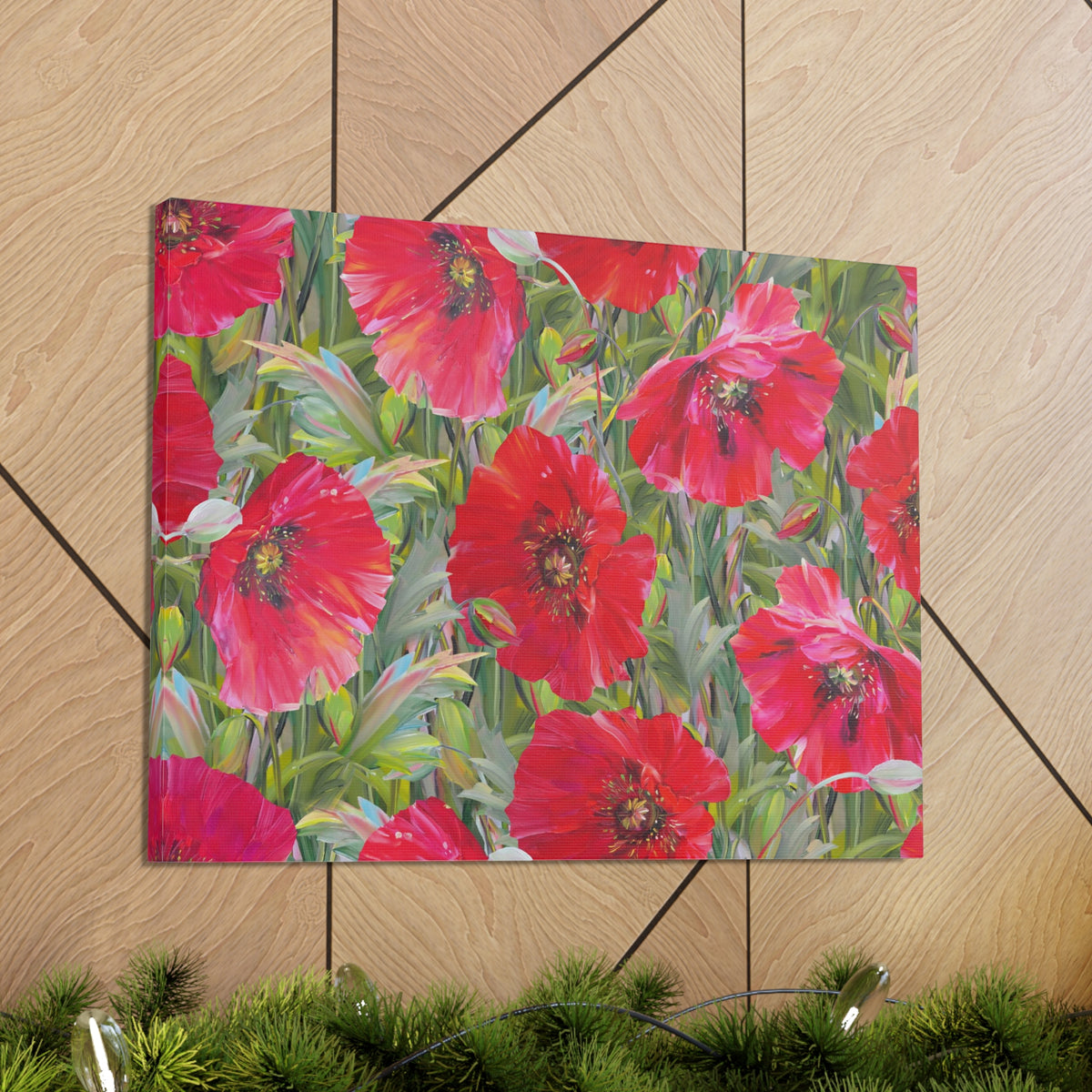Seamless Floral Pattern Red Poppies Flower Canvas Wall Art for Home Decor Ready-to-Hang-Express Your Love Gifts