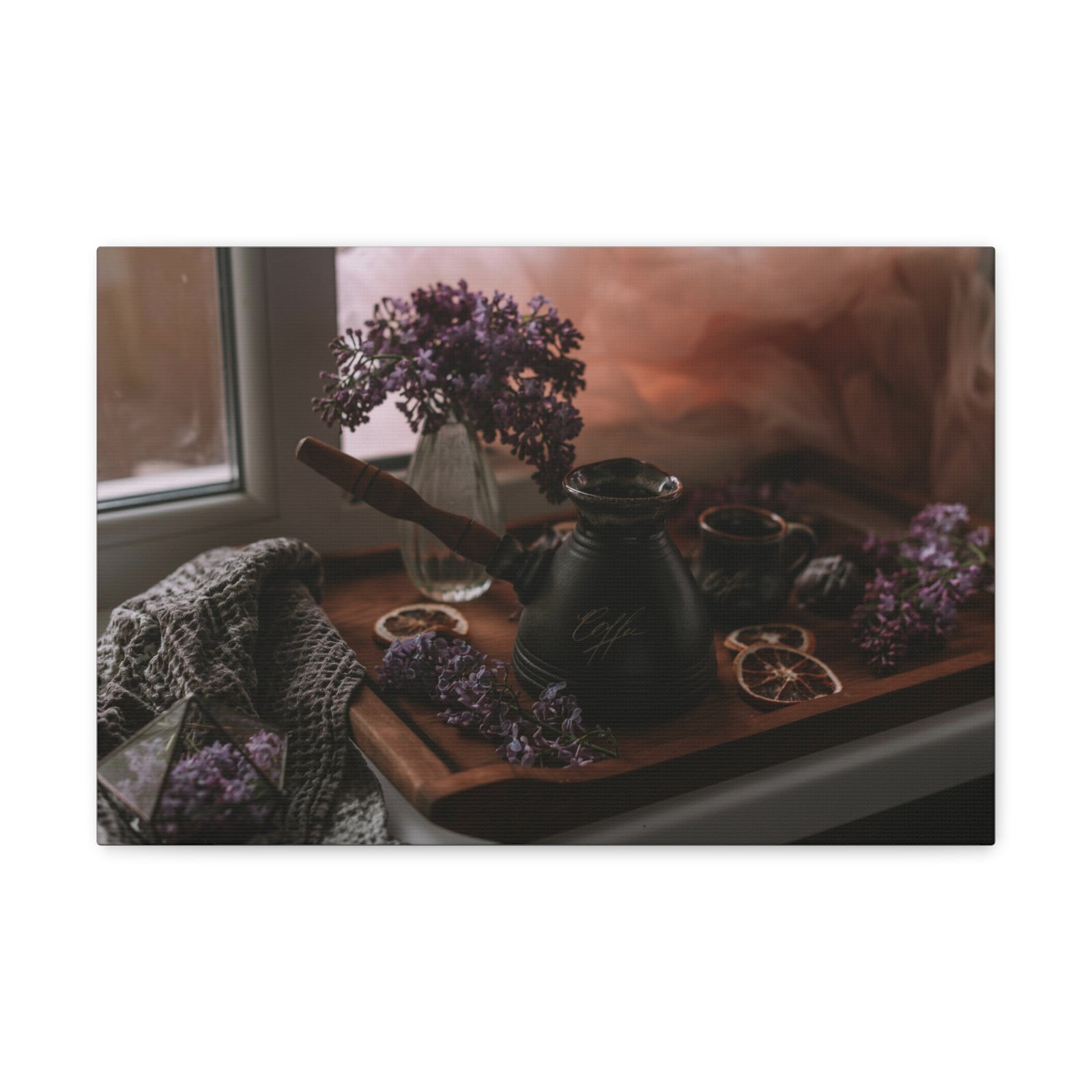 Coffee Chocolate Lilac Flowers On Wooden Tray Rustic Design Canvas Wall Art for Home Decor Ready-to-Hang-Express Your Love Gifts