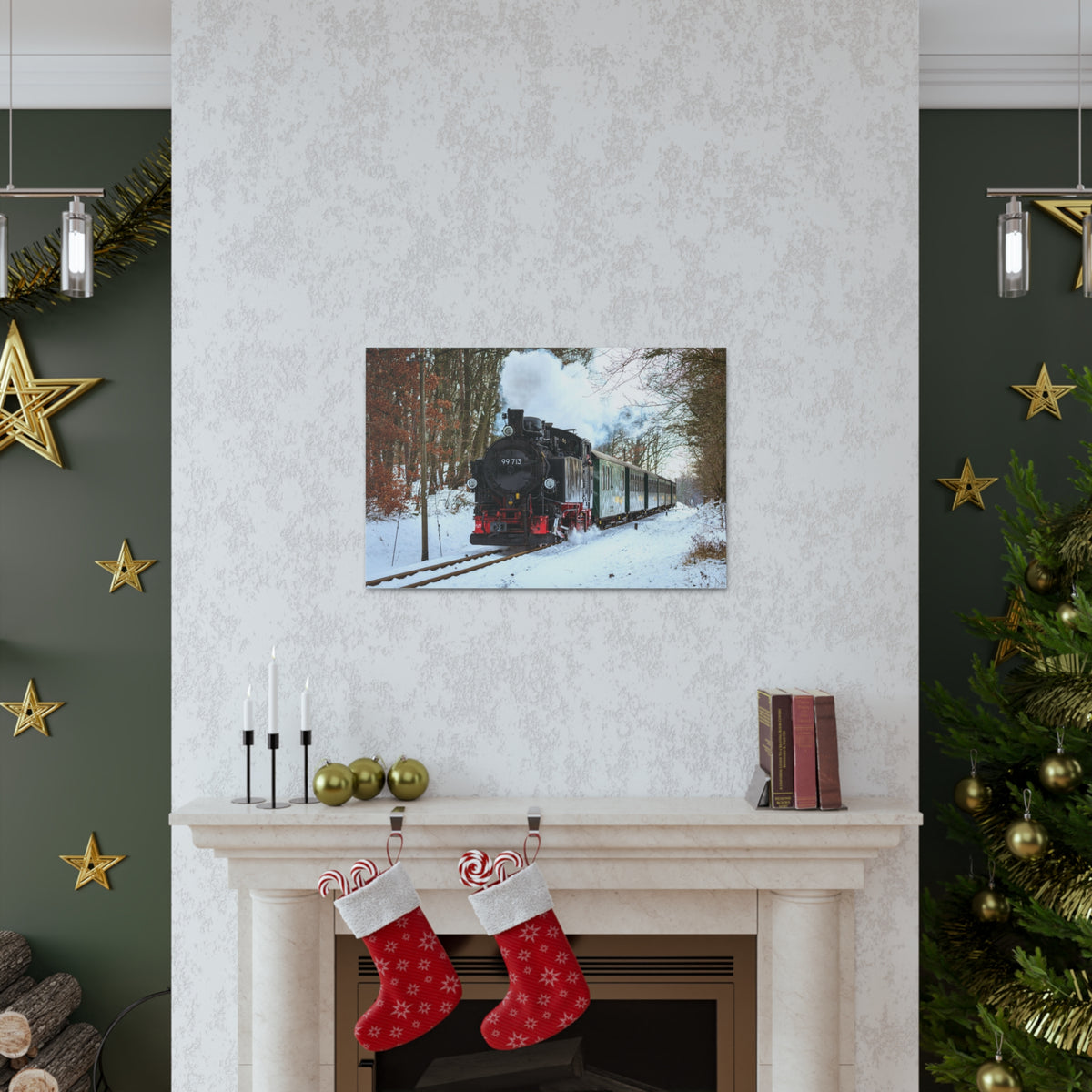 Steam Train Winter White Smoke Modern Multicolor Scenic Nature Photography Canvas Home Office Decor Ready to Hang-Express Your Love Gifts