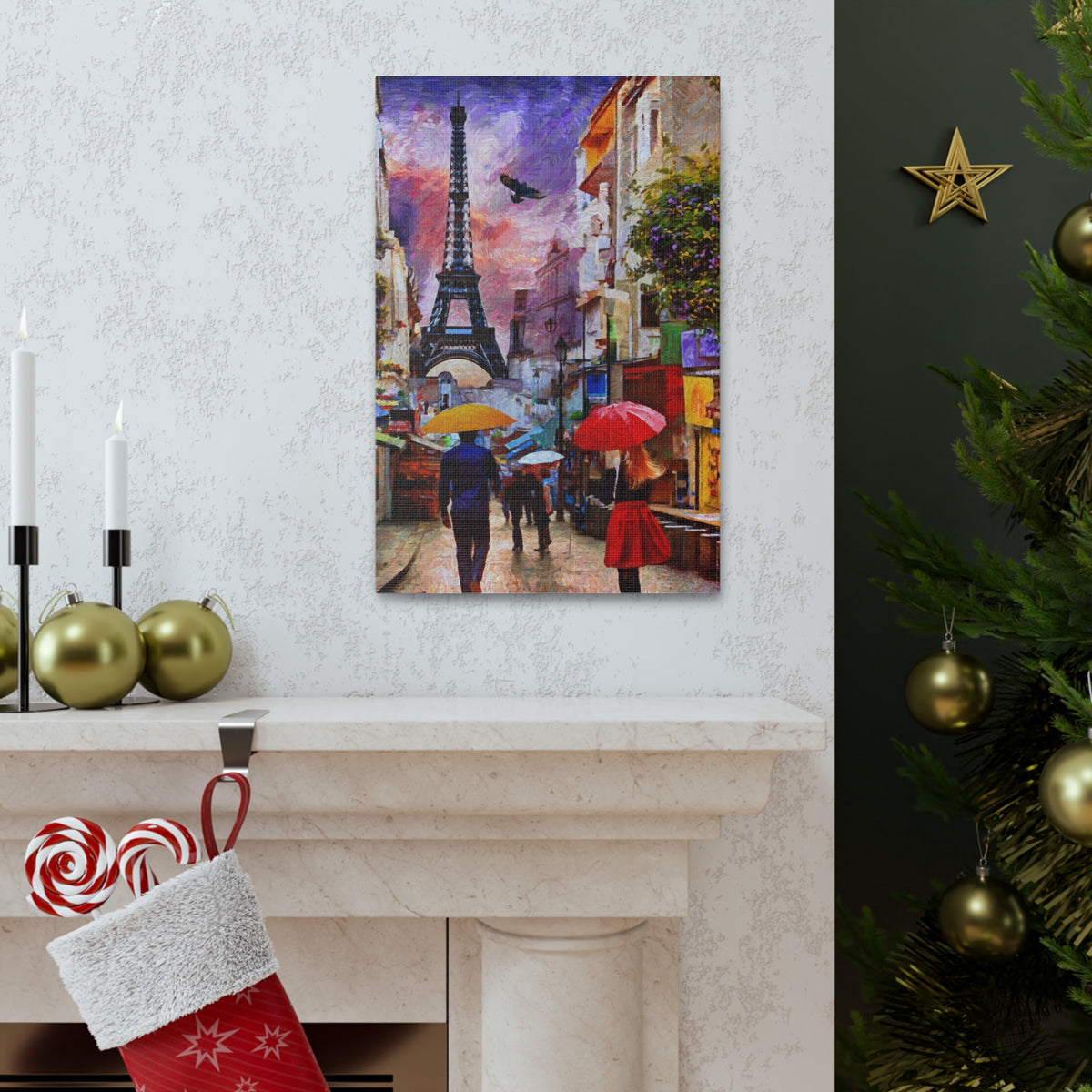 Paris Romantic Couple Red Umbrella Eiffel Tower France Canvas Artwork High-Quality Breathtaking French City for Home Decor Ready to Hang-Express Your Love Gifts