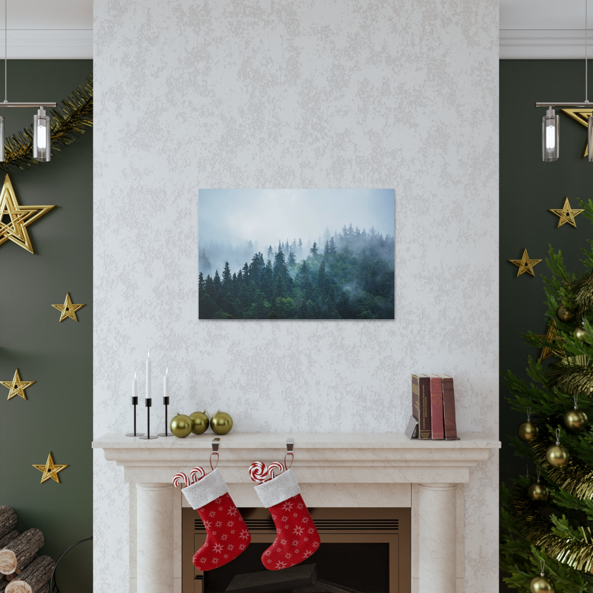 Misty Dark Mountain Forest Nature Wilderness Photography Canvas Wall Art for Home Decor Ready-to-Hang-Express Your Love Gifts