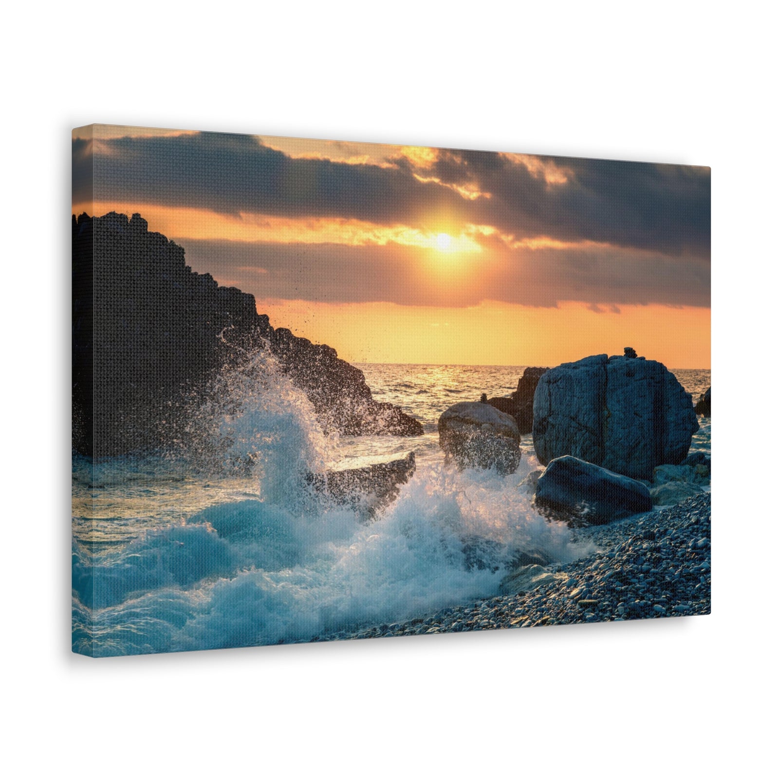 Sea Ocean Wave Hit Rock Beach Sunset Seascape Ocean Canvas Wall Art for Home Decor Ready-to-Hang-Express Your Love Gifts