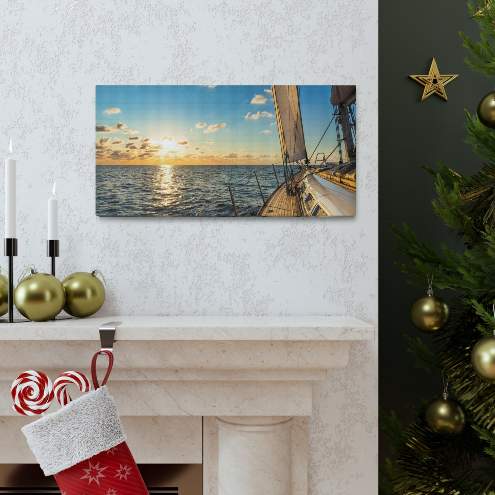 Cruising Sailboat Sailing In The Sea At Sunset Ocean Canvas Wall Art for Home Decor Ready-to-Hang-Express Your Love Gifts