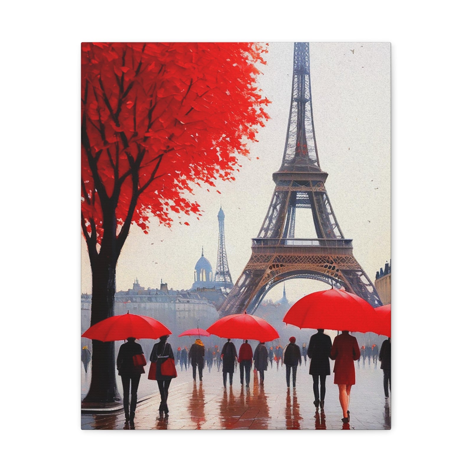 Paris Eiffel Tower Crowd With Red Umbrella France Canvas Artwork High-Quality Breathtaking French City for Home Decor Ready to Hang-Express Your Love Gifts