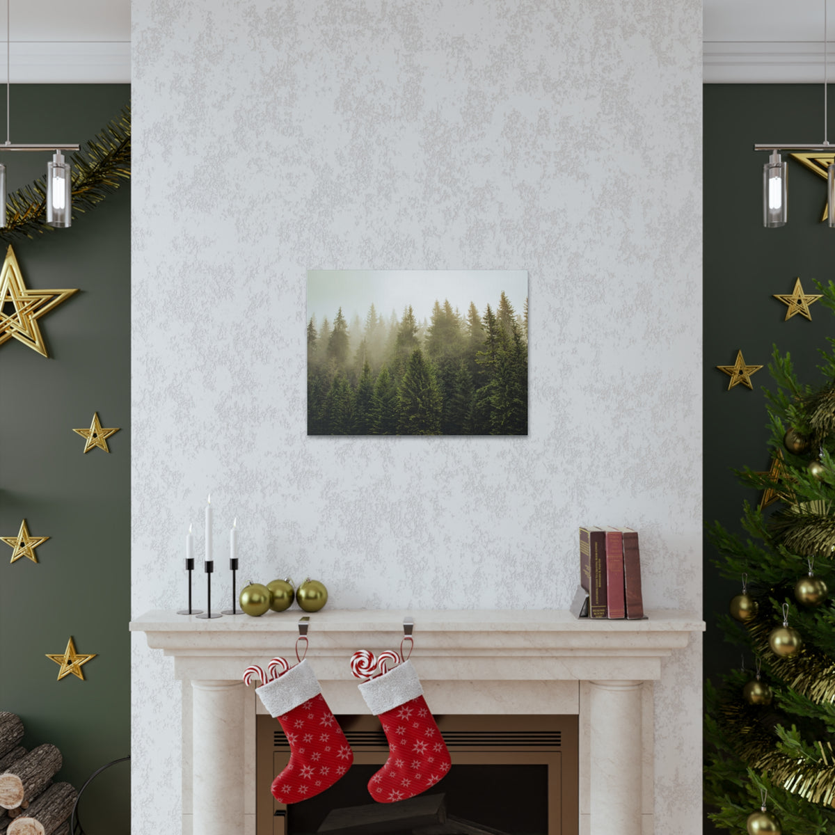 Misty Pine Tree Forest Nature Wilderness Photography Canvas Wall Art for Home Decor Ready-to-Hang-Express Your Love Gifts