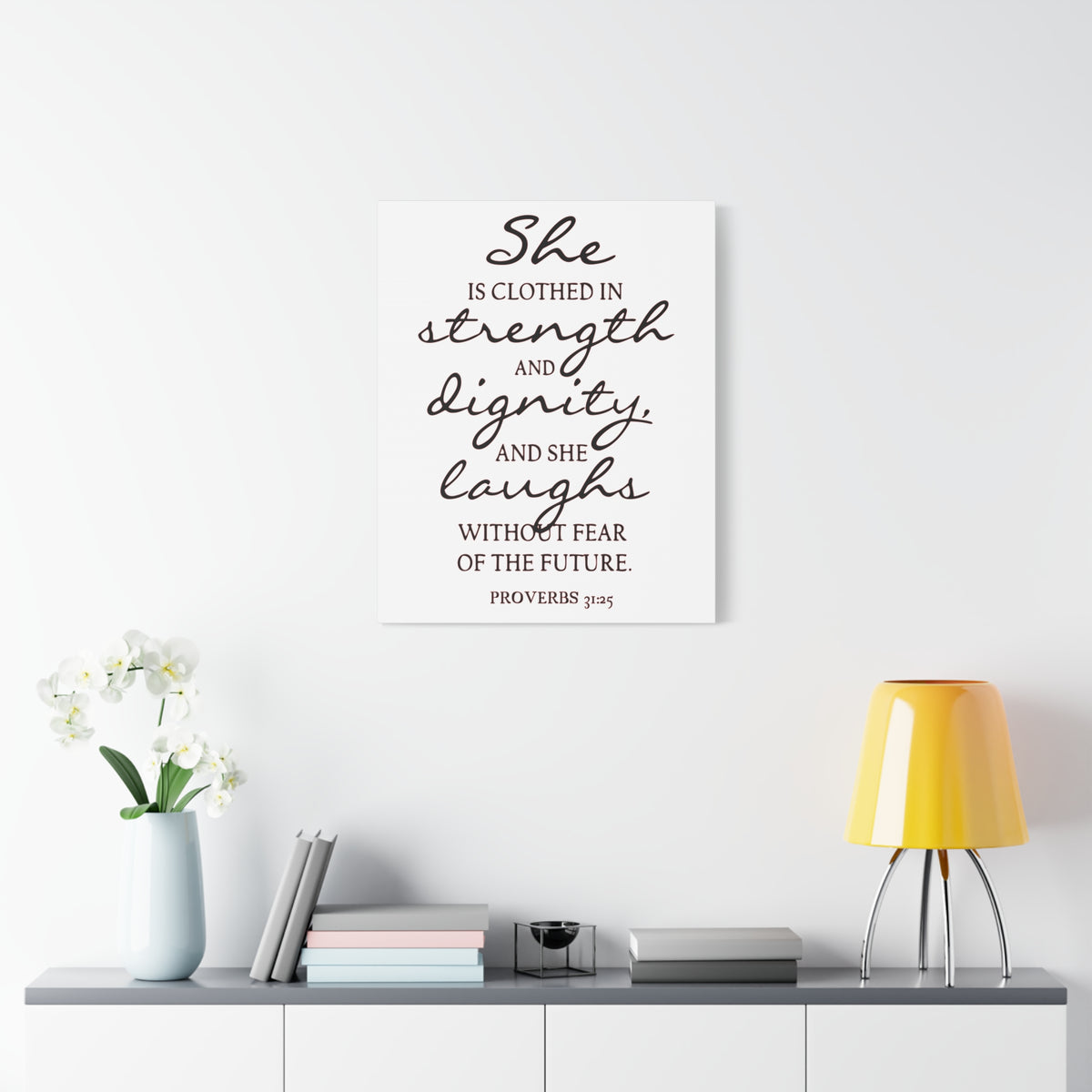 Scripture Canvas Strength, Dignity, And Laughs Proverbs 31:25 Christian Wall Art Bible Verse Print Ready to Hang-Express Your Love Gifts