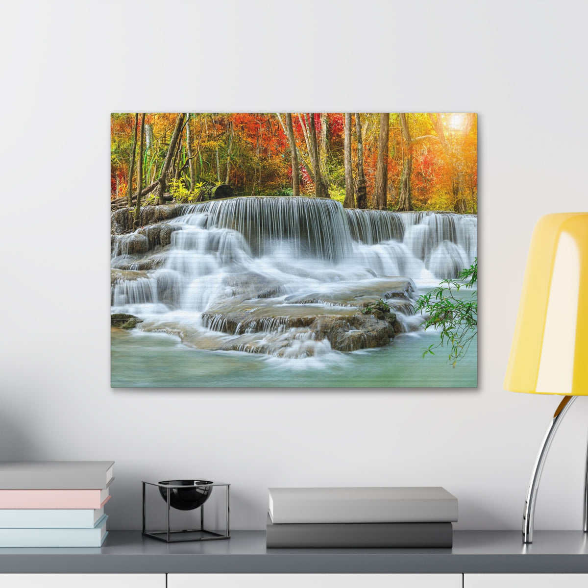 Cascading Autumn Forest Waterfall Nature Wilderness Photography Canvas Wall Art for Home Decor Ready-to-Hang-Express Your Love Gifts