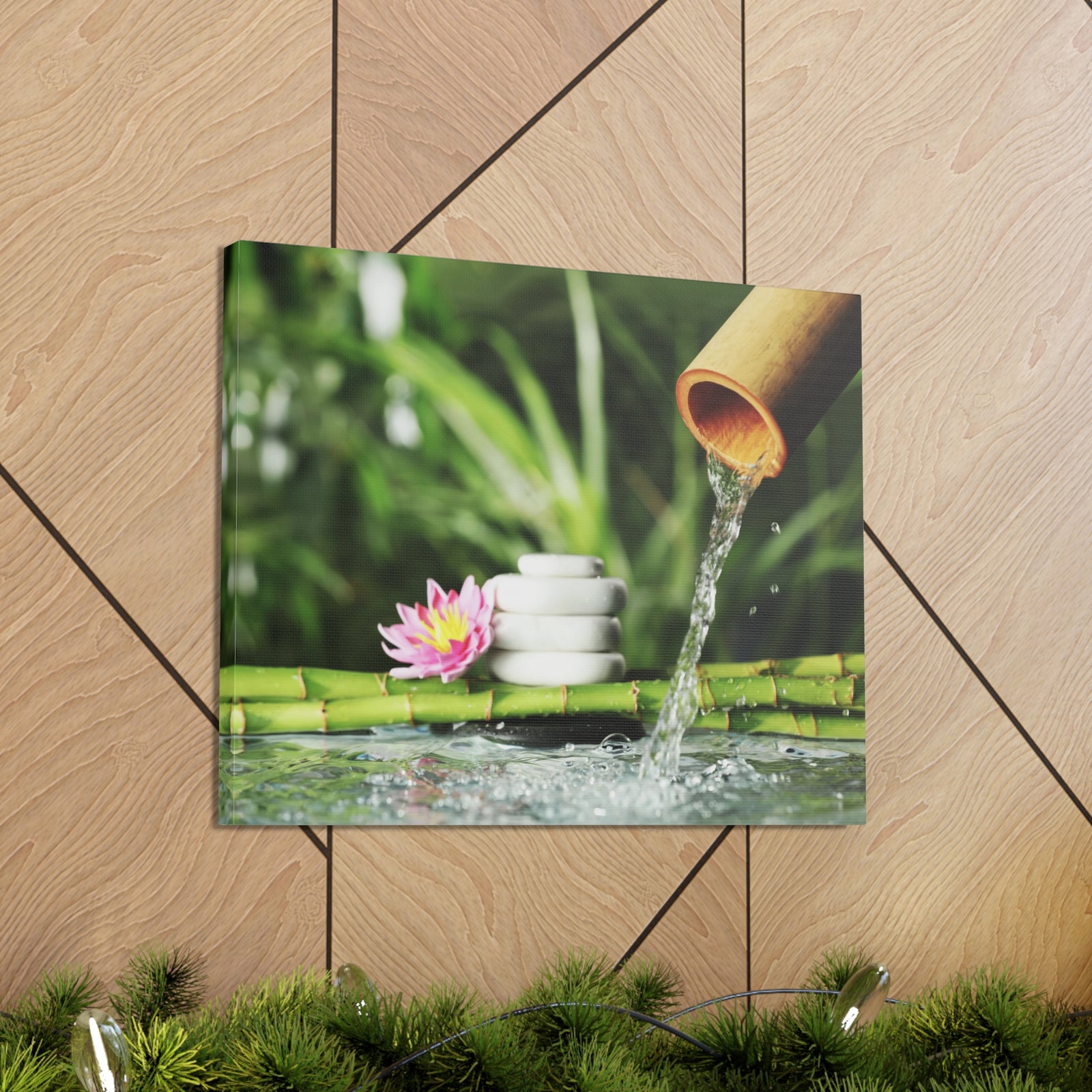 Flower and Bamboo Fountain Forest Floral Nature Photography Canvas Wall Art for Home Decor Ready-to-Hang-Express Your Love Gifts
