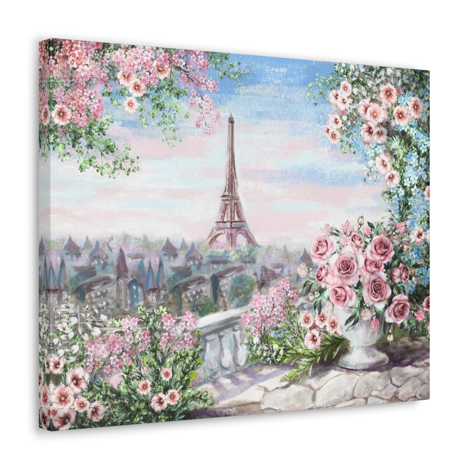 Paris Roses Pink Eiffel Tower France Canvas Artwork High-Quality Breathtaking French City for Home Decor Ready to Hang-Express Your Love Gifts