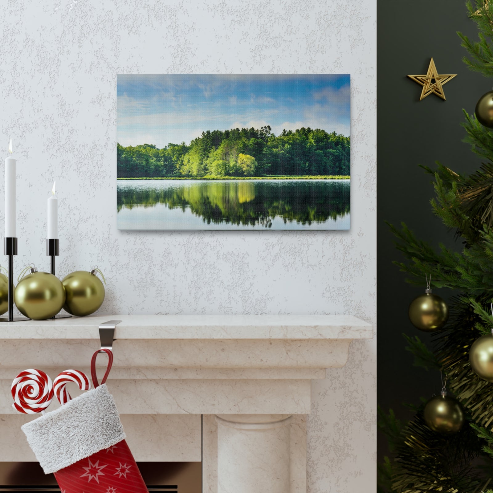 Green Forest Clear Lake Reflection Nature Wilderness Photography Canvas Wall Art for Home Decor Ready-to-Hang-Express Your Love Gifts