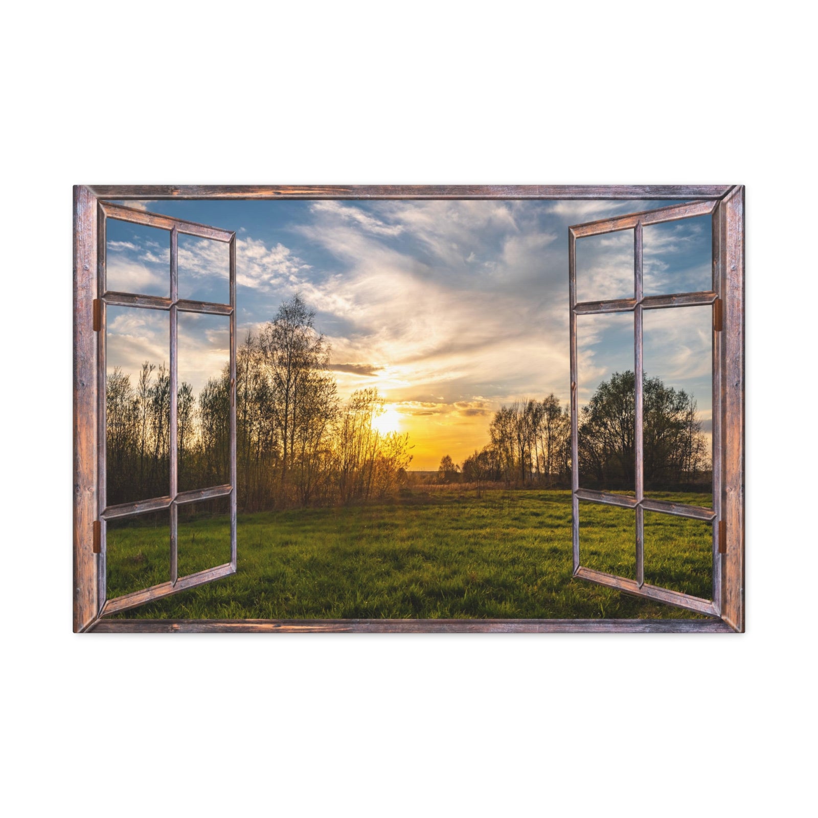 Canvas Print Wall Art Window Sunset Field View Nature Photography Realism Scenic Landscape Colorful Multicolor for Home Decor Ready to Hang-Express Your Love Gifts