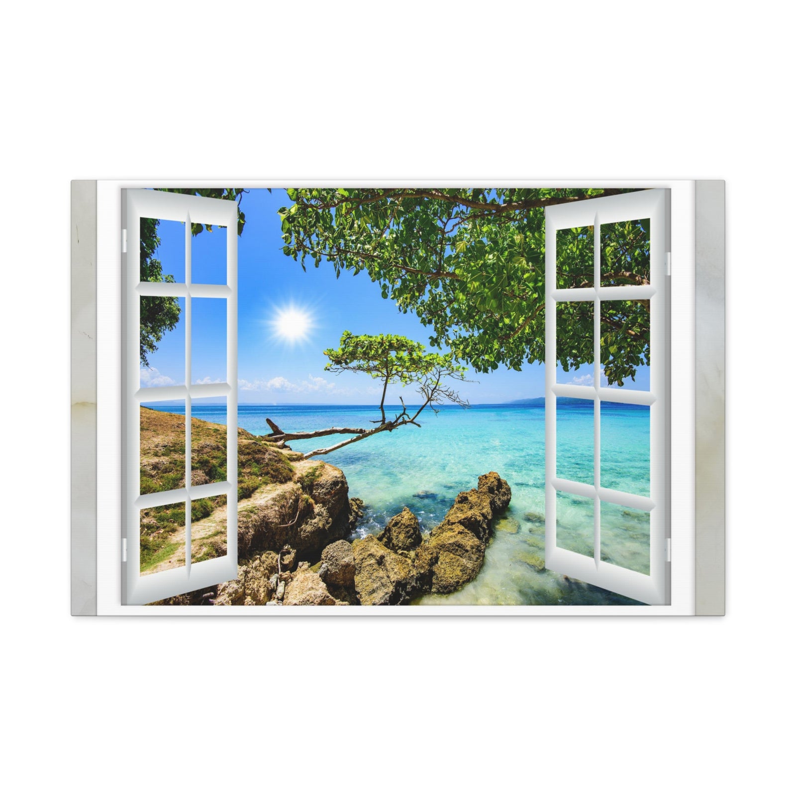 Canvas Print Wall Art Window Rock Beach View Nature Photography Realism Scenic Landscape Colorful Multicolor for Home Decor Ready to Hang-Express Your Love Gifts