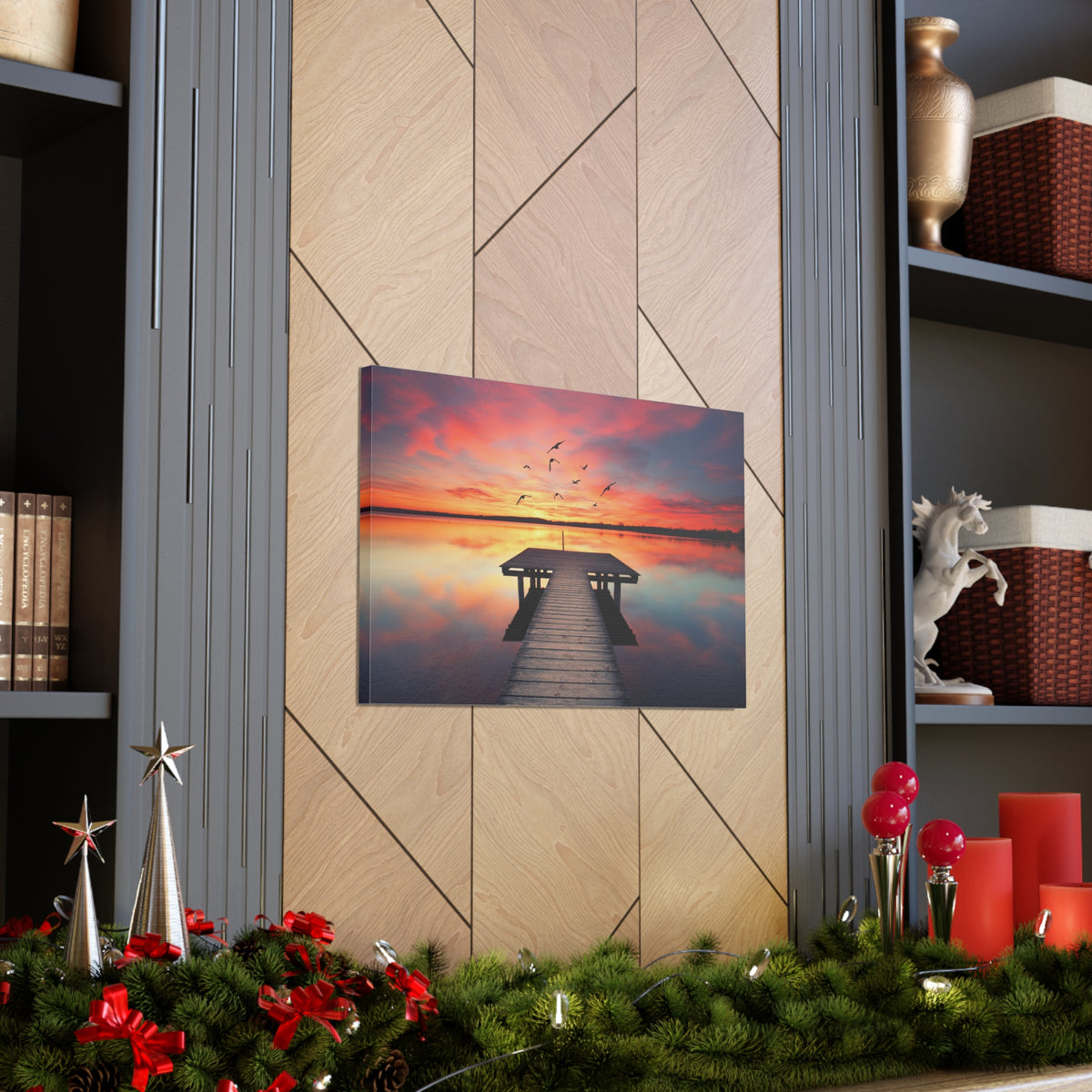 Wooden Bridge Lake View Dawn Nature Wilderness Photography Canvas Wall Art for Home Decor Ready-to-Hang-Express Your Love Gifts