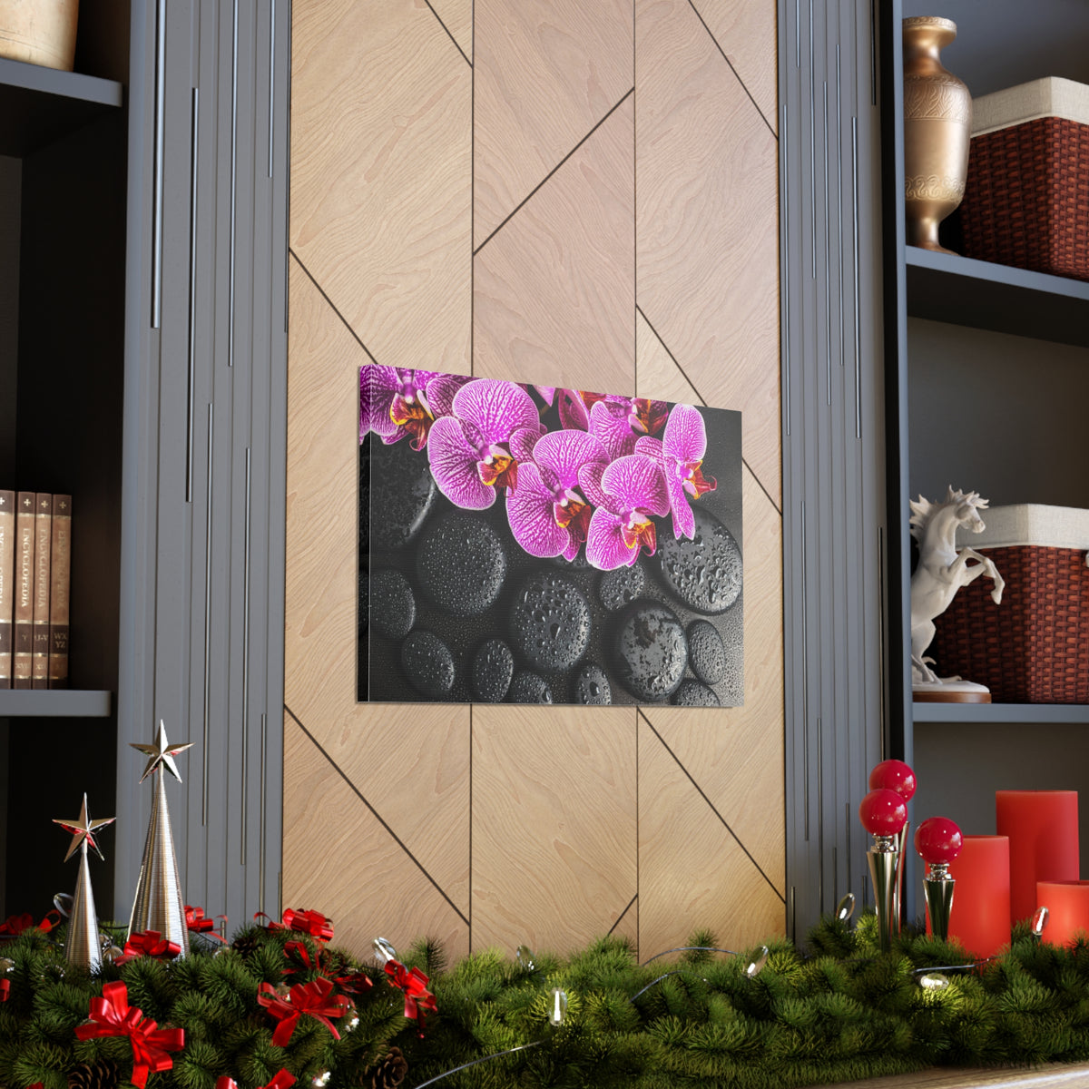 Violet Orchid on Stones Forest Floral Nature Photography Canvas Wall Art for Home Decor Ready-to-Hang-Express Your Love Gifts