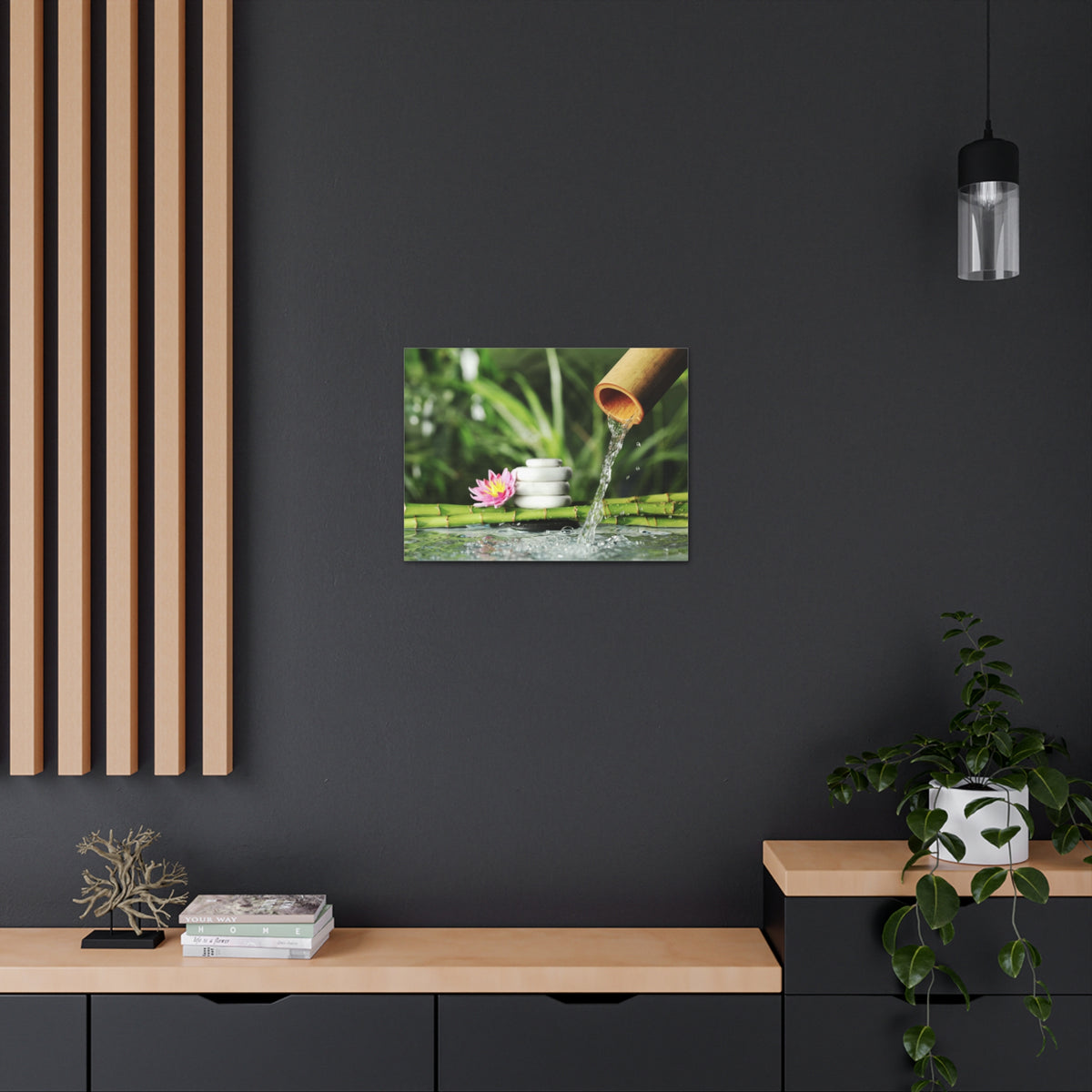 Flower and Bamboo Fountain Forest Floral Nature Photography Canvas Wall Art for Home Decor Ready-to-Hang-Express Your Love Gifts
