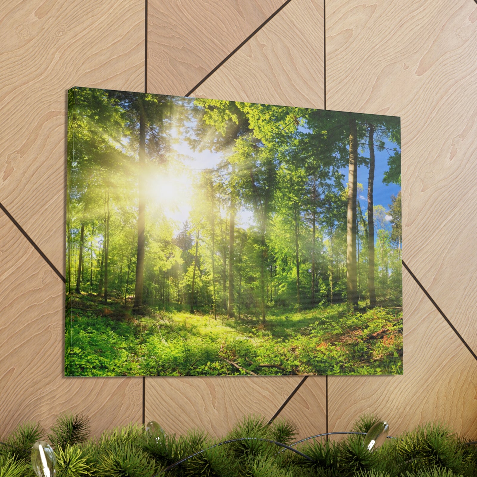 Sunrise Through Green Forest Nature Wilderness Photography Canvas Wall Art for Home Decor Ready-to-Hang-Express Your Love Gifts