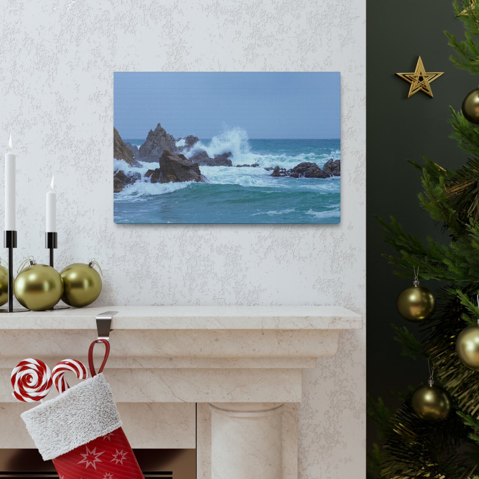 Sea Waves Crash Against Rocks Large Splashes Ocean Canvas Wall Art for Home Decor Ready-to-Hang-Express Your Love Gifts