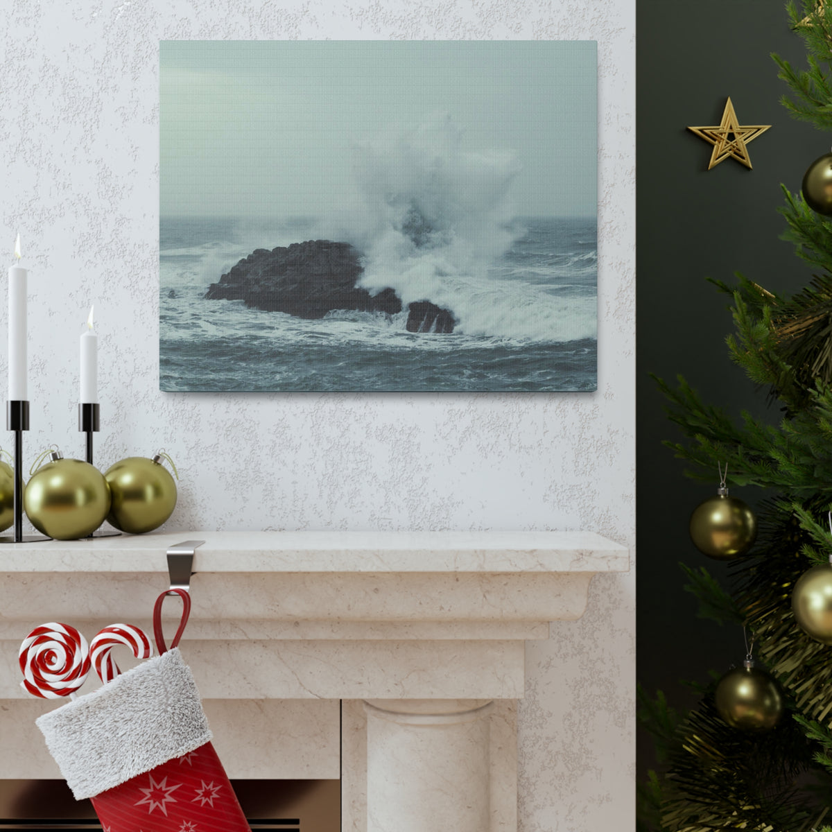 Splashing Water Rock Ocean Landscape Ocean Canvas Wall Art for Home Decor Ready-to-Hang-Express Your Love Gifts