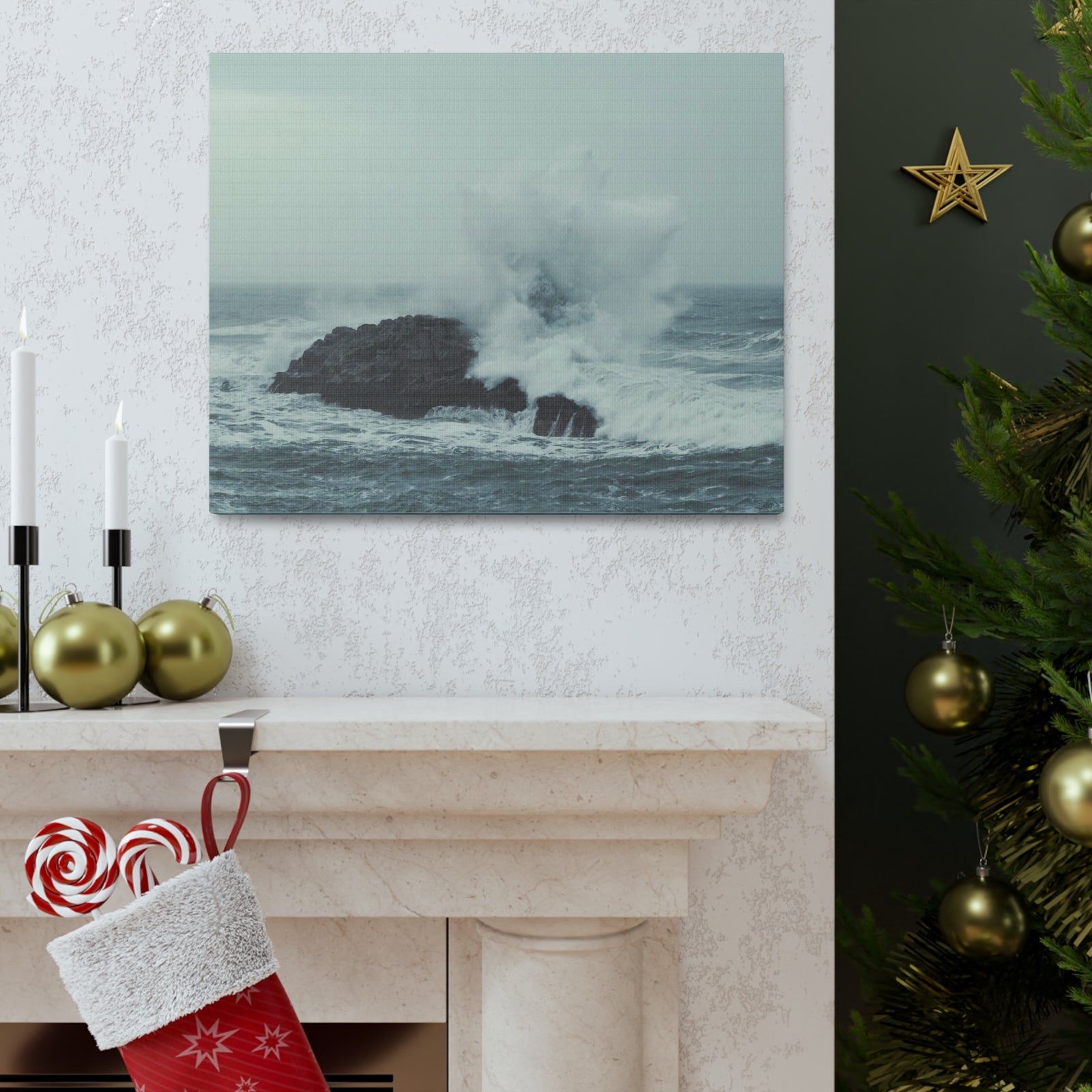 Splashing Water Rock Ocean Landscape Ocean Canvas Wall Art for Home Decor Ready-to-Hang-Express Your Love Gifts