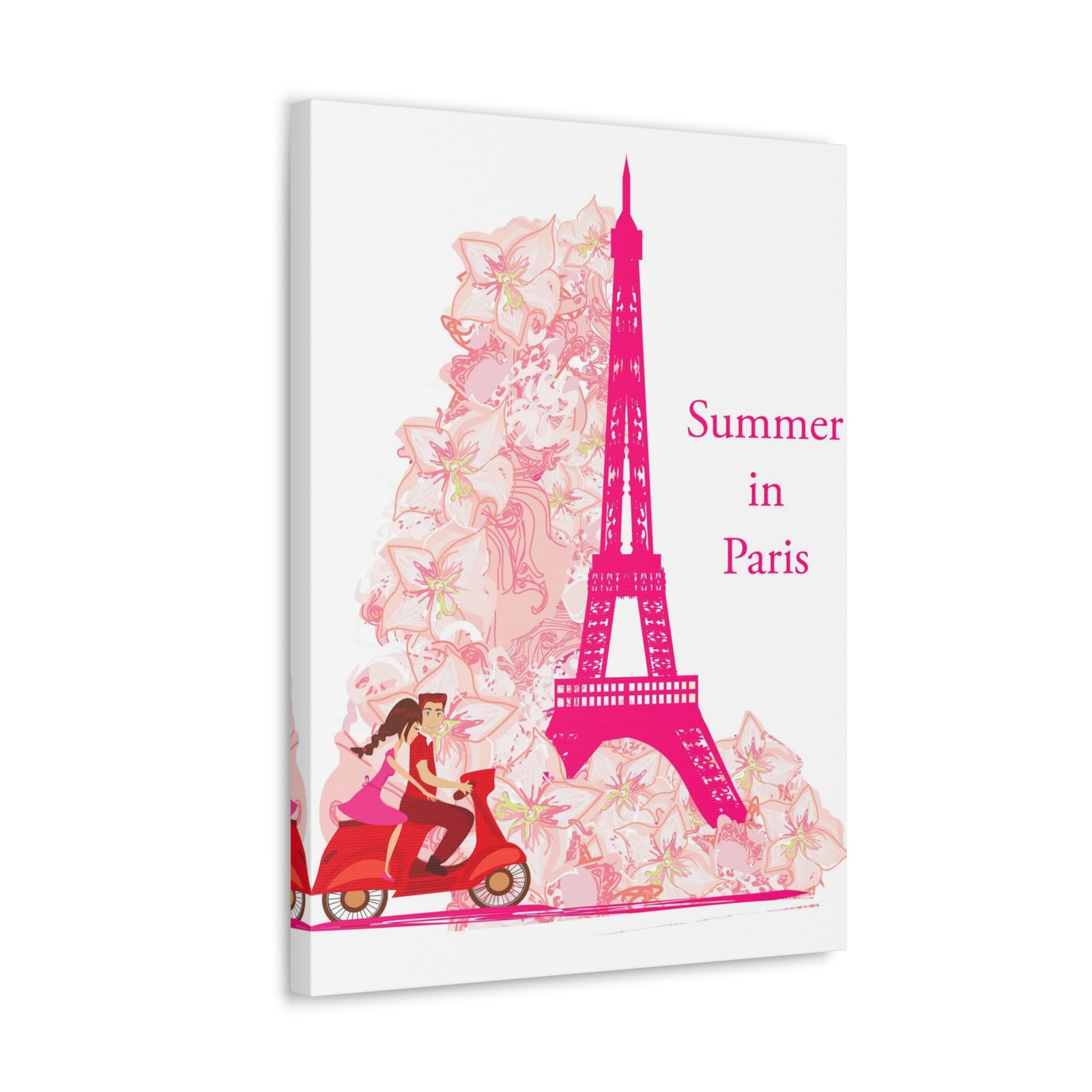 Pink Eiffel Tower Couple On Scooter Paris France Canvas Artwork High-Quality Breathtaking French City for Home Decor Ready to Hang-Express Your Love Gifts