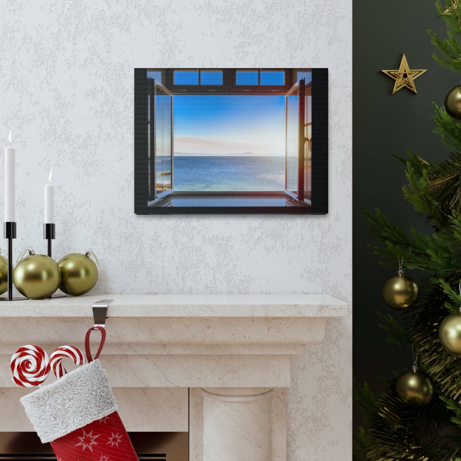 Dark Room Sunset Sea View Open Window Ocean Canvas Wall Art for Home Decor Ready-to-Hang-Express Your Love Gifts