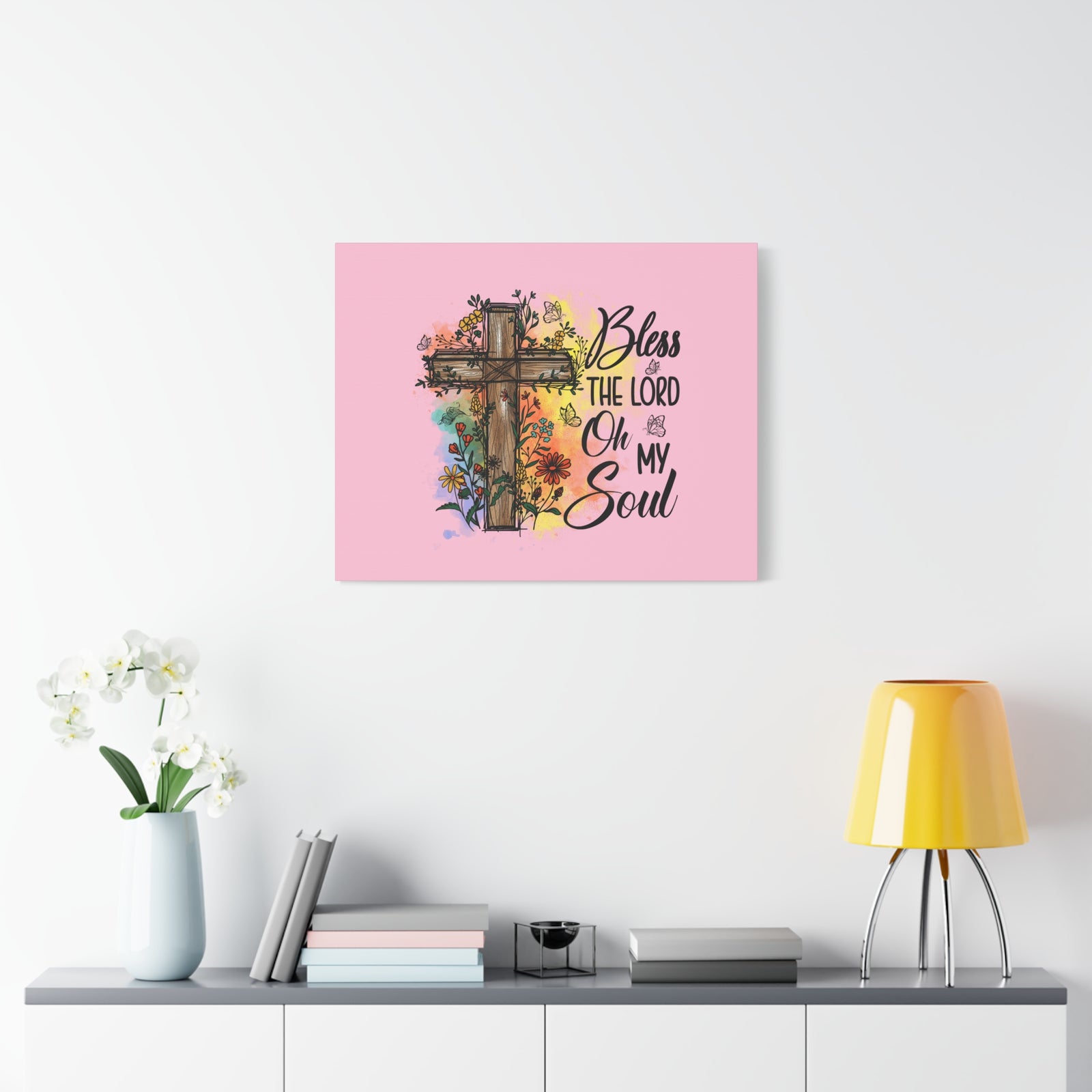 Scripture Canvas Bless The Lord Psalm 103:1 Flower Cross Christian Wall Art Bible Verse Print Ready to Hang-Express Your Love Gifts