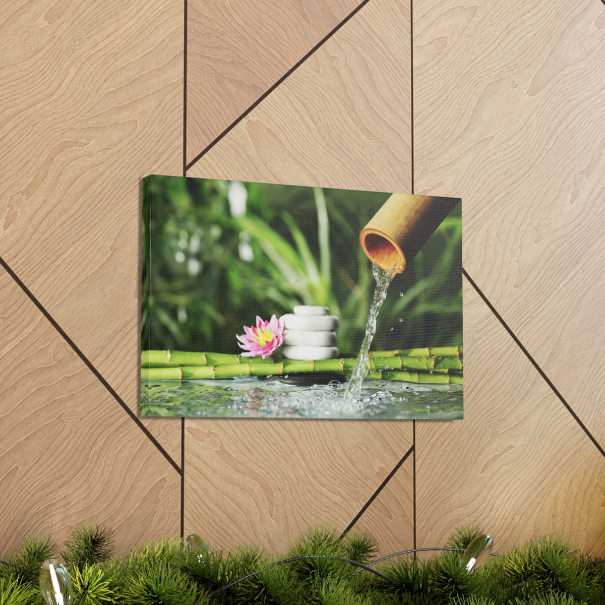 Flower and Bamboo Fountain Forest Floral Nature Photography Canvas Wall Art for Home Decor Ready-to-Hang-Express Your Love Gifts