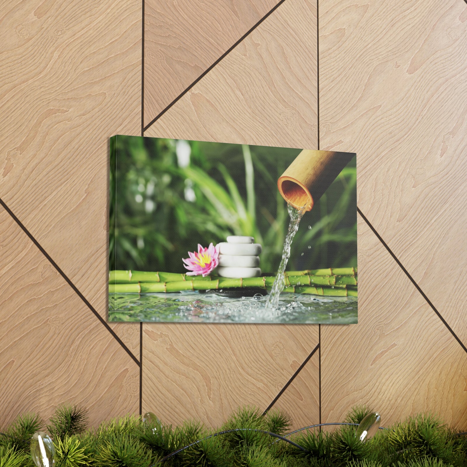Flower and Bamboo Fountain Forest Floral Nature Photography Canvas Wall Art for Home Decor Ready-to-Hang-Express Your Love Gifts