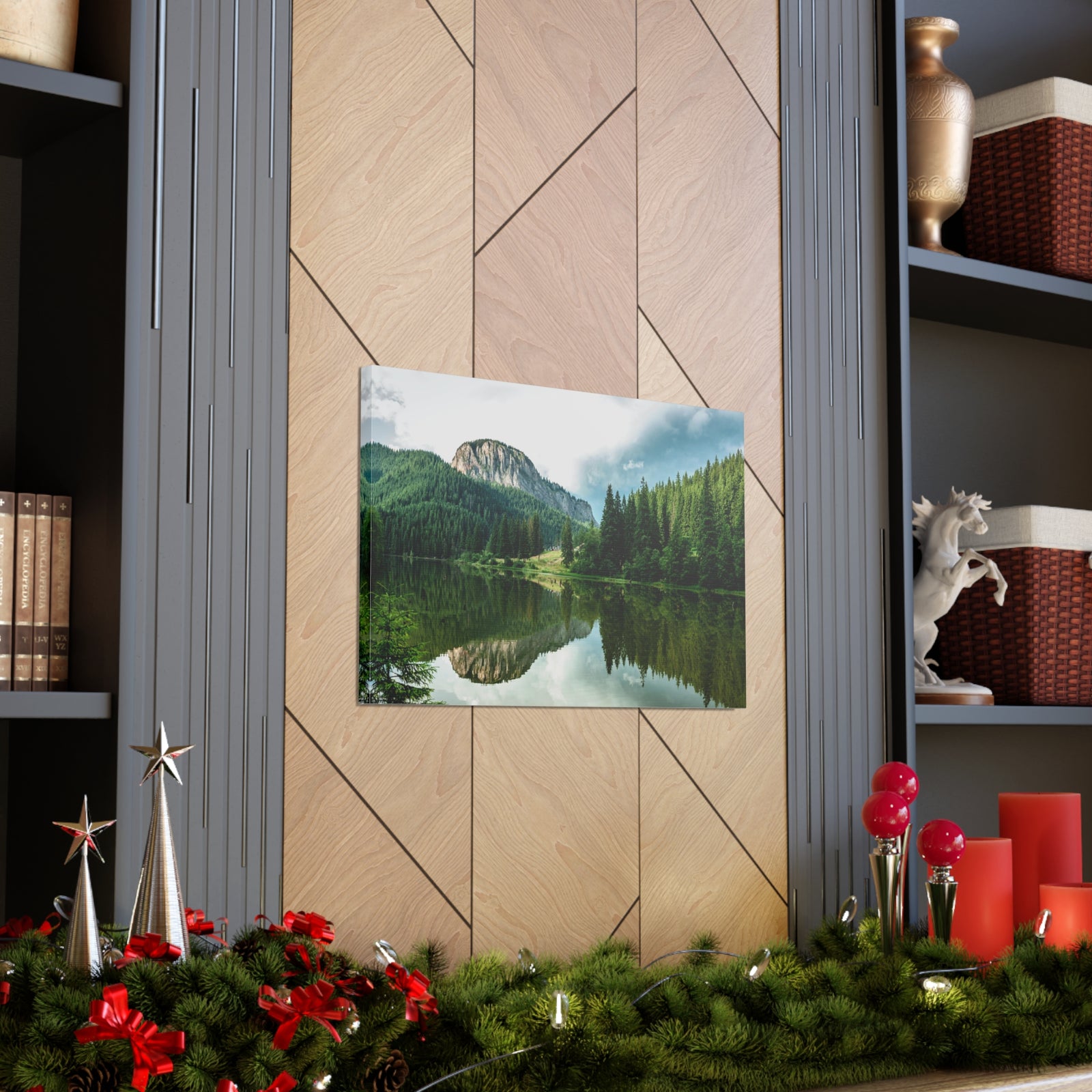 Green Forest With Lake Reflection Nature Wilderness Photography Canvas Wall Art for Home Decor Ready-to-Hang-Express Your Love Gifts