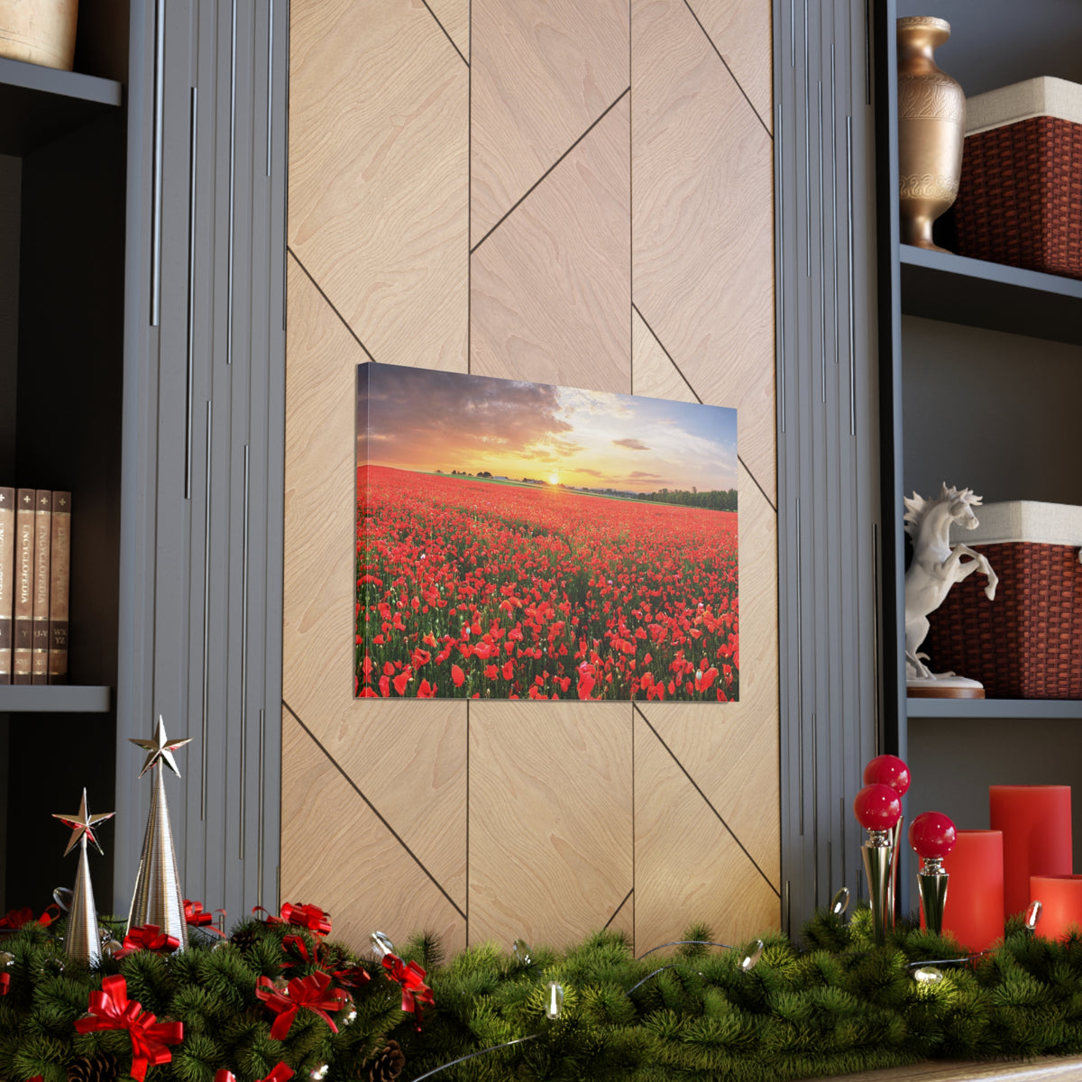 Nice Sunset Over Poppy Field Flower Canvas Wall Art for Home Decor Ready-to-Hang-Express Your Love Gifts