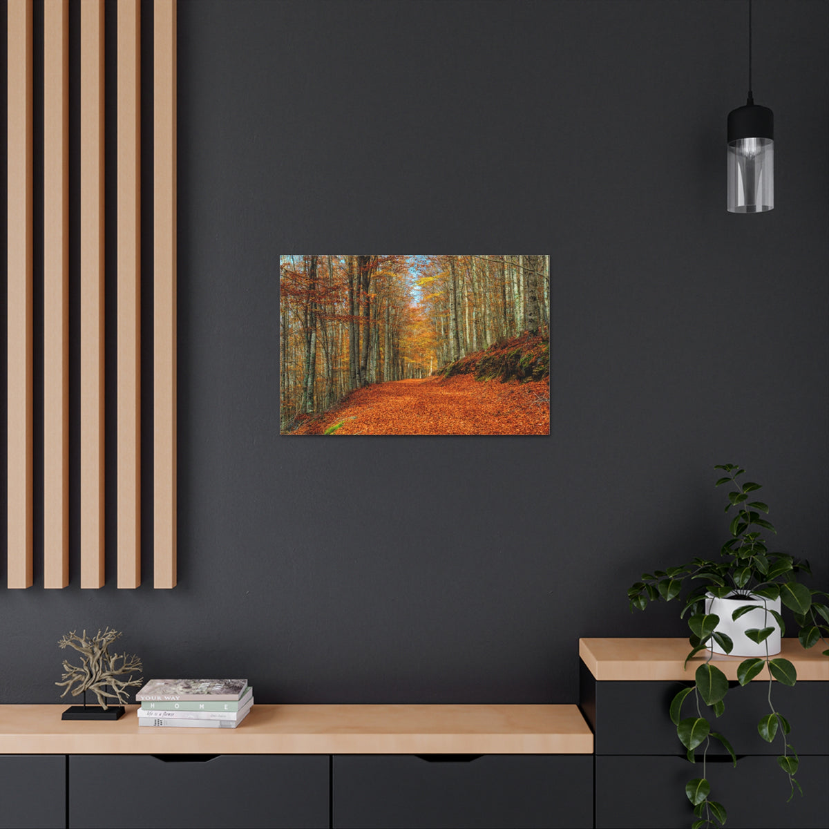 Path Through Red & Orange Autumn Park Nature Wilderness Photography Canvas Wall Art for Home Decor Ready-to-Hang-Express Your Love Gifts