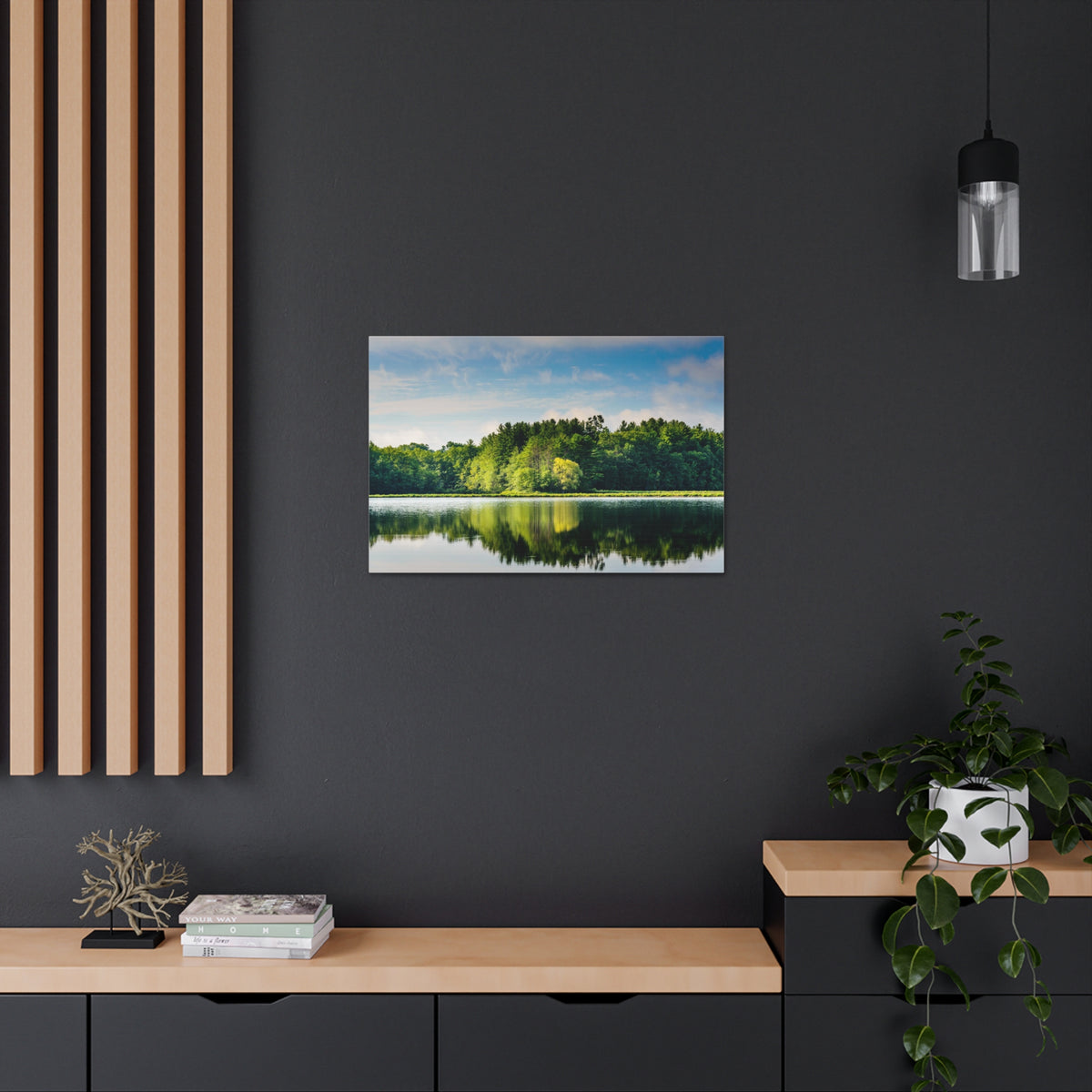 Green Forest Clear Lake Reflection Nature Wilderness Photography Canvas Wall Art for Home Decor Ready-to-Hang-Express Your Love Gifts