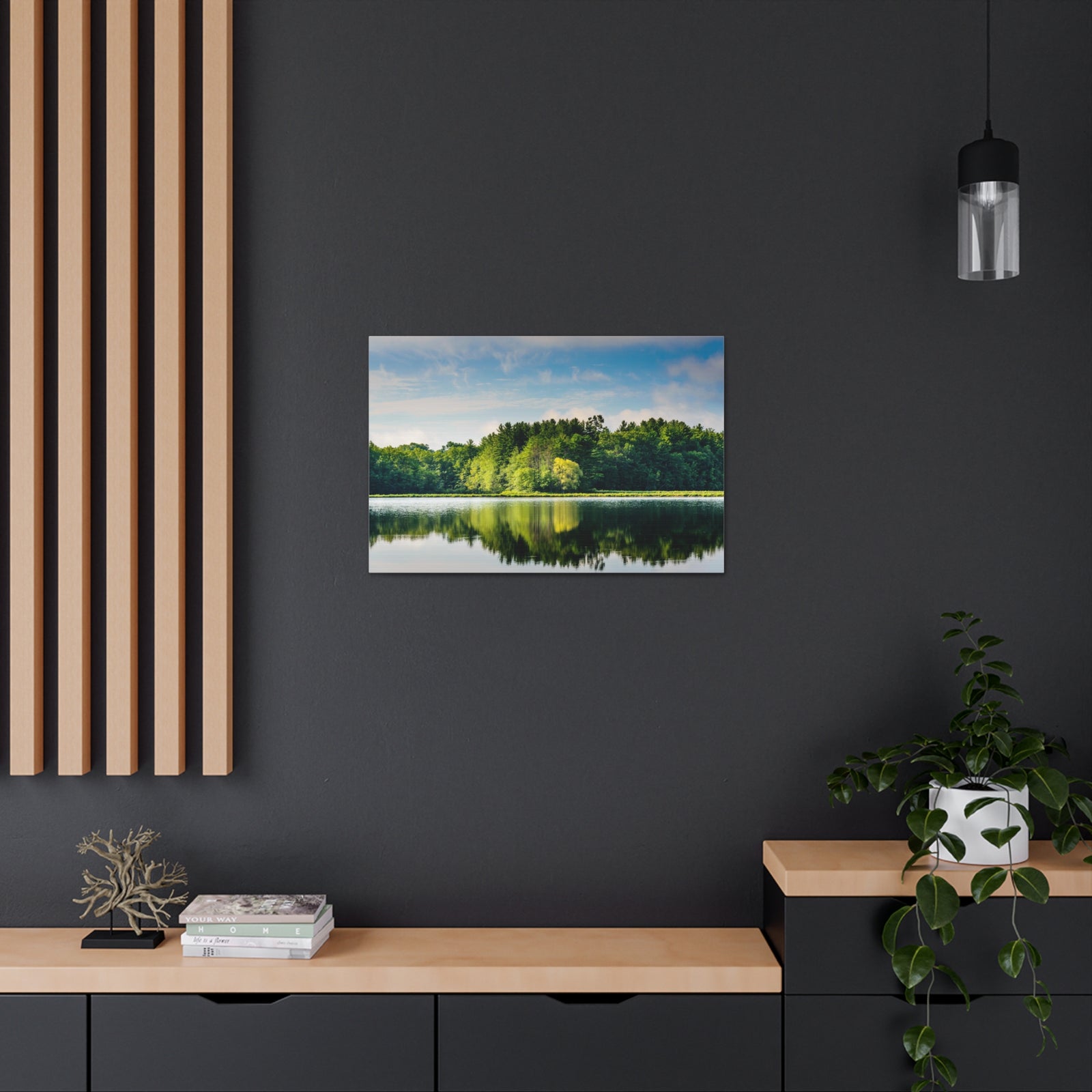 Green Forest Clear Lake Reflection Nature Wilderness Photography Canvas Wall Art for Home Decor Ready-to-Hang-Express Your Love Gifts