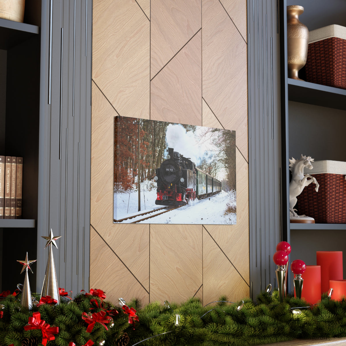 Steam Train Winter White Smoke Modern Multicolor Scenic Nature Photography Canvas Home Office Decor Ready to Hang-Express Your Love Gifts
