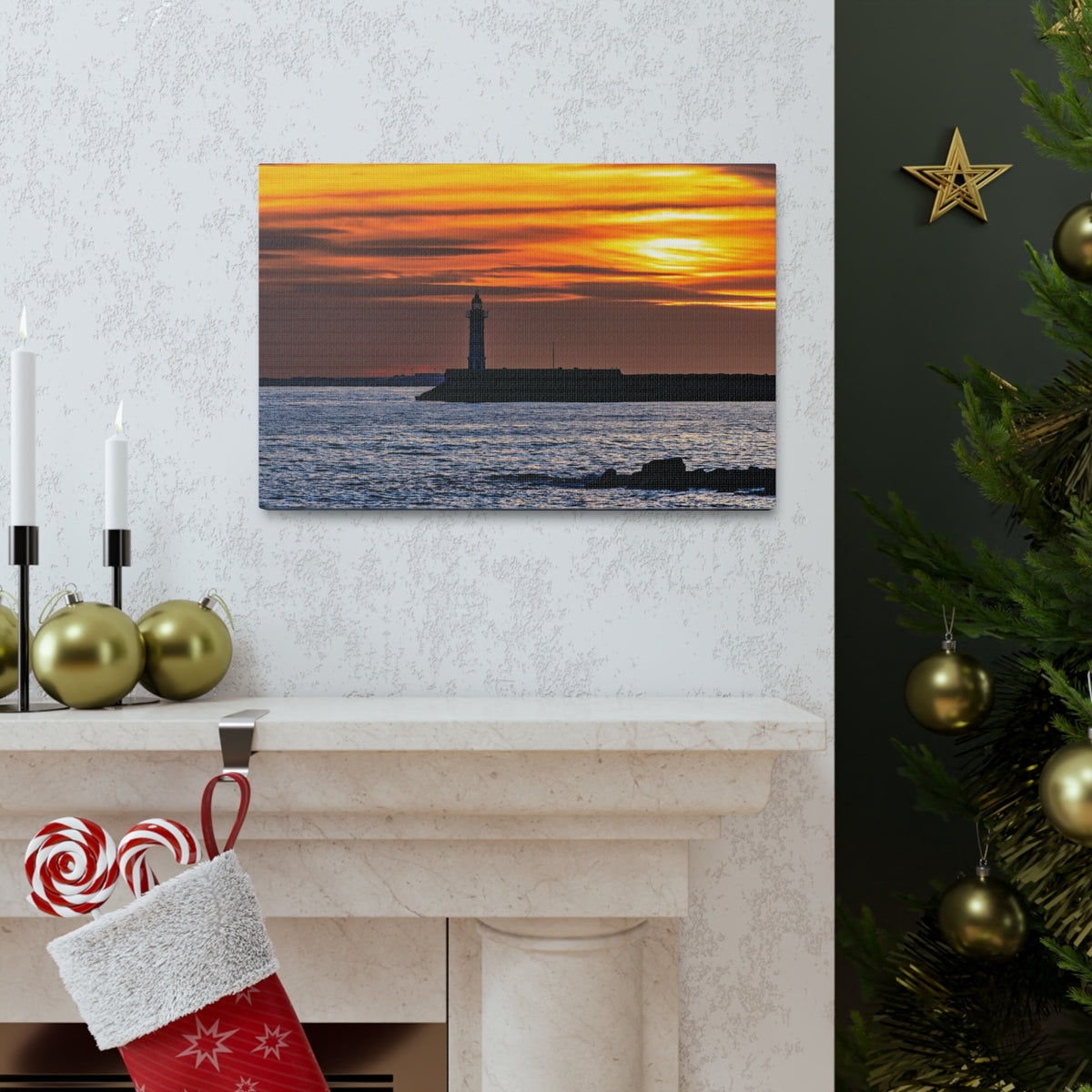 Sunset with Lighthouse Forest Floral Nature Photography Canvas Wall Art for Home Decor Ready-to-Hang-Express Your Love Gifts