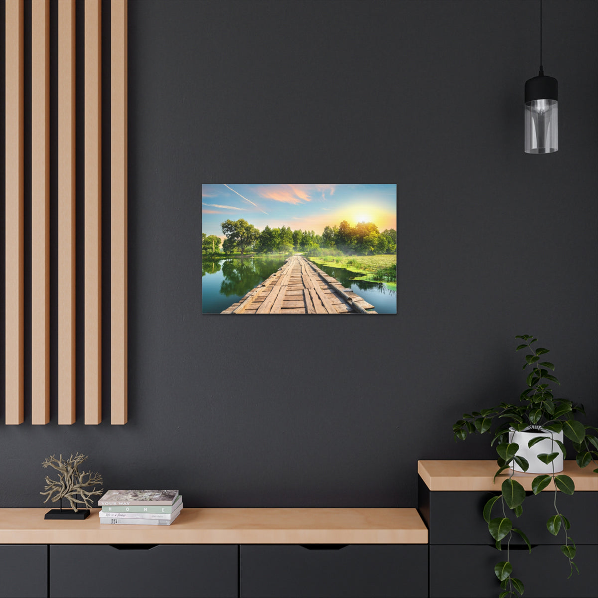 Lake at Dawn Wooden Bridge Nature Wilderness Photography Canvas Wall Art for Home Decor Ready-to-Hang-Express Your Love Gifts