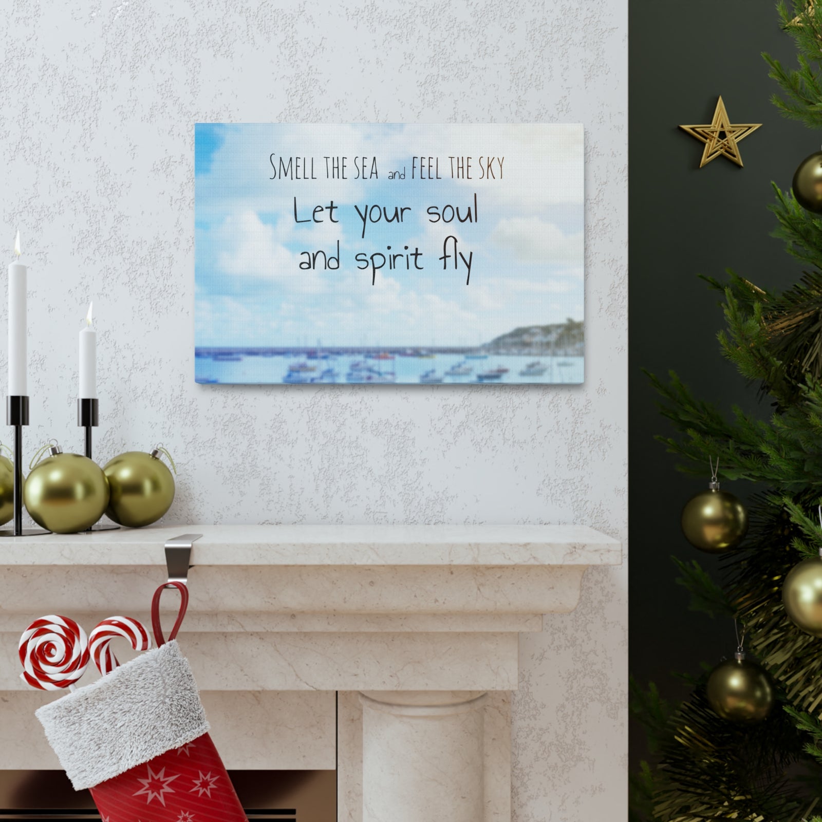 Inspirational Quote Canvas Smell The Sea And Feel The Sky Motivational Print Ready to Hang Artwork-Express Your Love Gifts