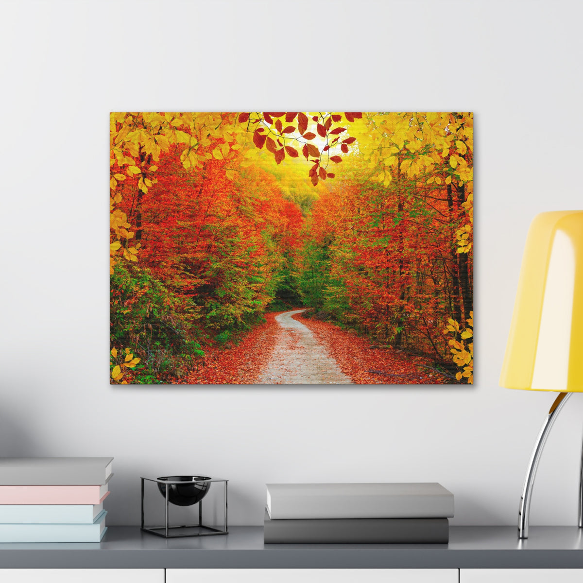 Autumn Fall Orange Leaf Forest Tree Trail Nature Wilderness Photography Canvas Wall Art for Home Decor Ready-to-Hang-Express Your Love Gifts