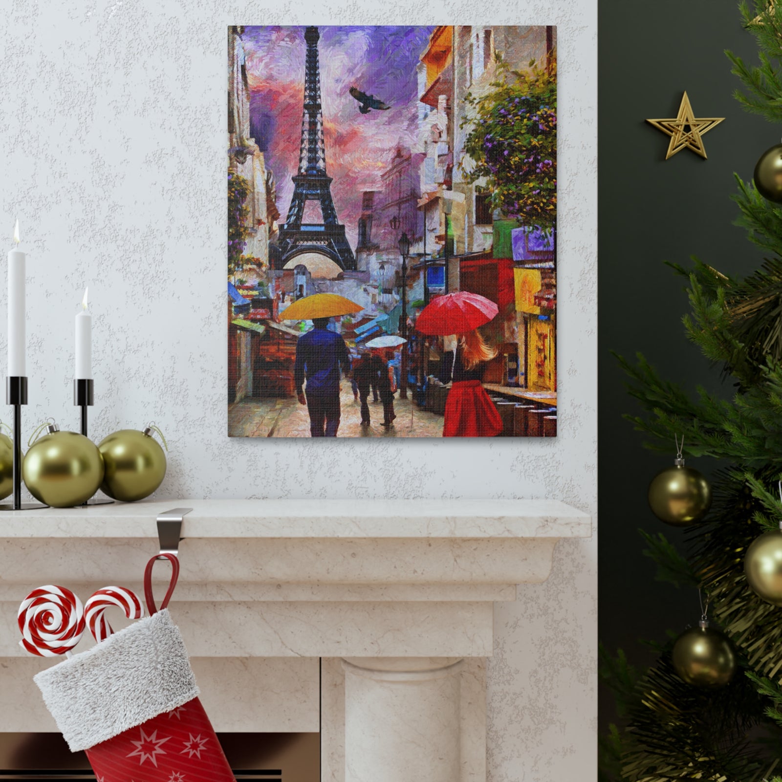 Paris Romantic Couple Red Umbrella Eiffel Tower France Canvas Artwork High-Quality Breathtaking French City for Home Decor Ready to Hang-Express Your Love Gifts
