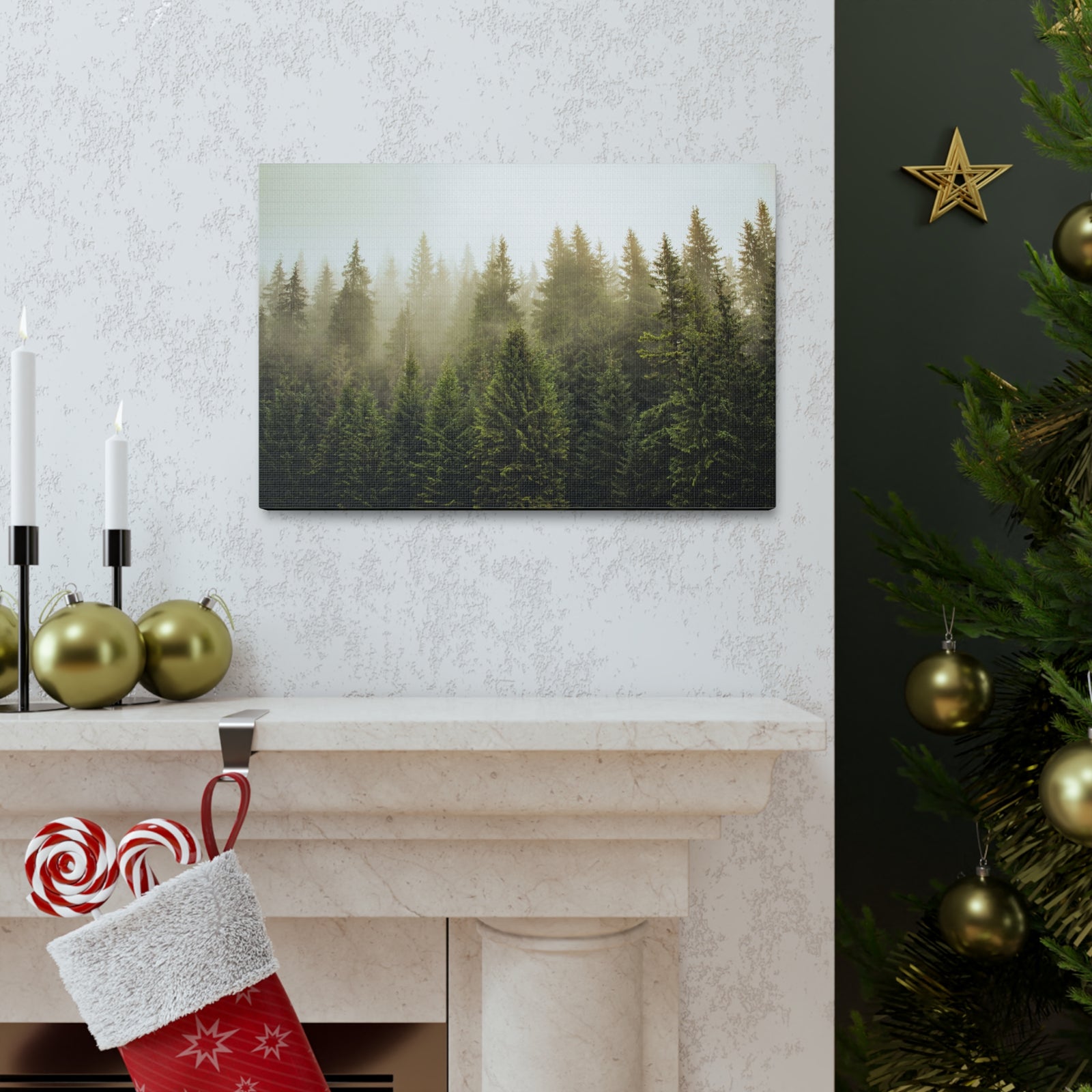 Misty Pine Tree Forest Nature Wilderness Photography Canvas Wall Art for Home Decor Ready-to-Hang-Express Your Love Gifts