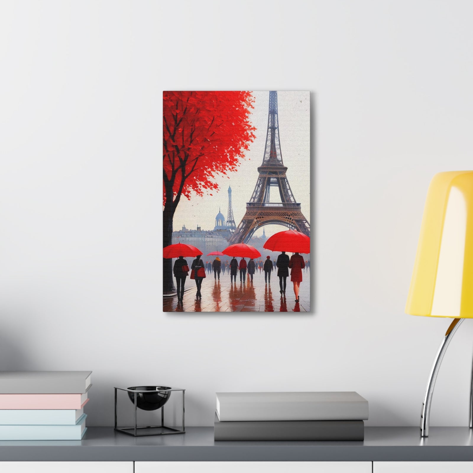 Paris Eiffel Tower Crowd With Red Umbrella France Canvas Artwork High-Quality Breathtaking French City for Home Decor Ready to Hang-Express Your Love Gifts